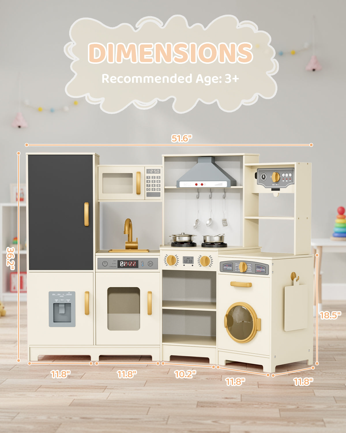 Pirecart Wooden Corner Play Kitchen, Kids Play Kitchen with Blackboard and 6Pcs Cooking Accessories, Toddler Play Kitchen Set with Realistic Sound & Light