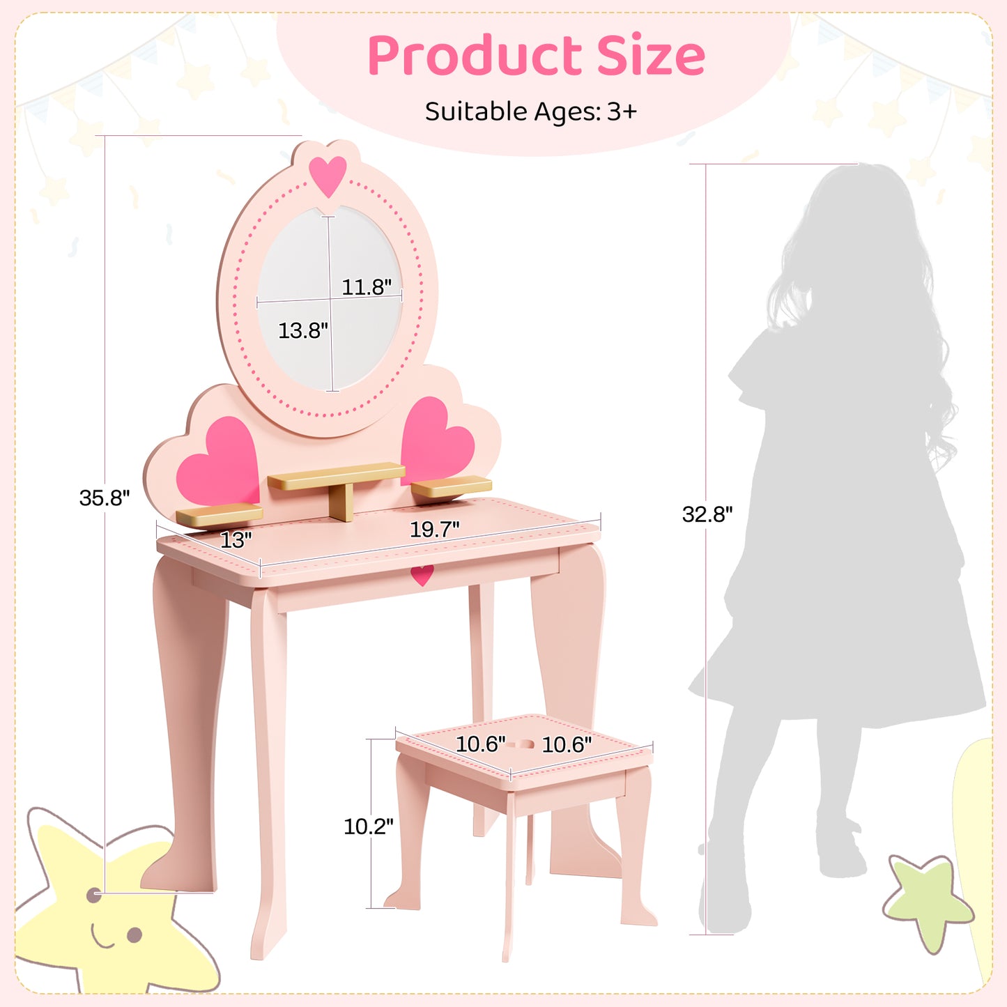 Pirecart Kids Vanity Makeup Table & Chair Set Make Up Stool Play Set for Children, Toddler Makeup Toy with 8 Pcs Accessories for Pretend Play
