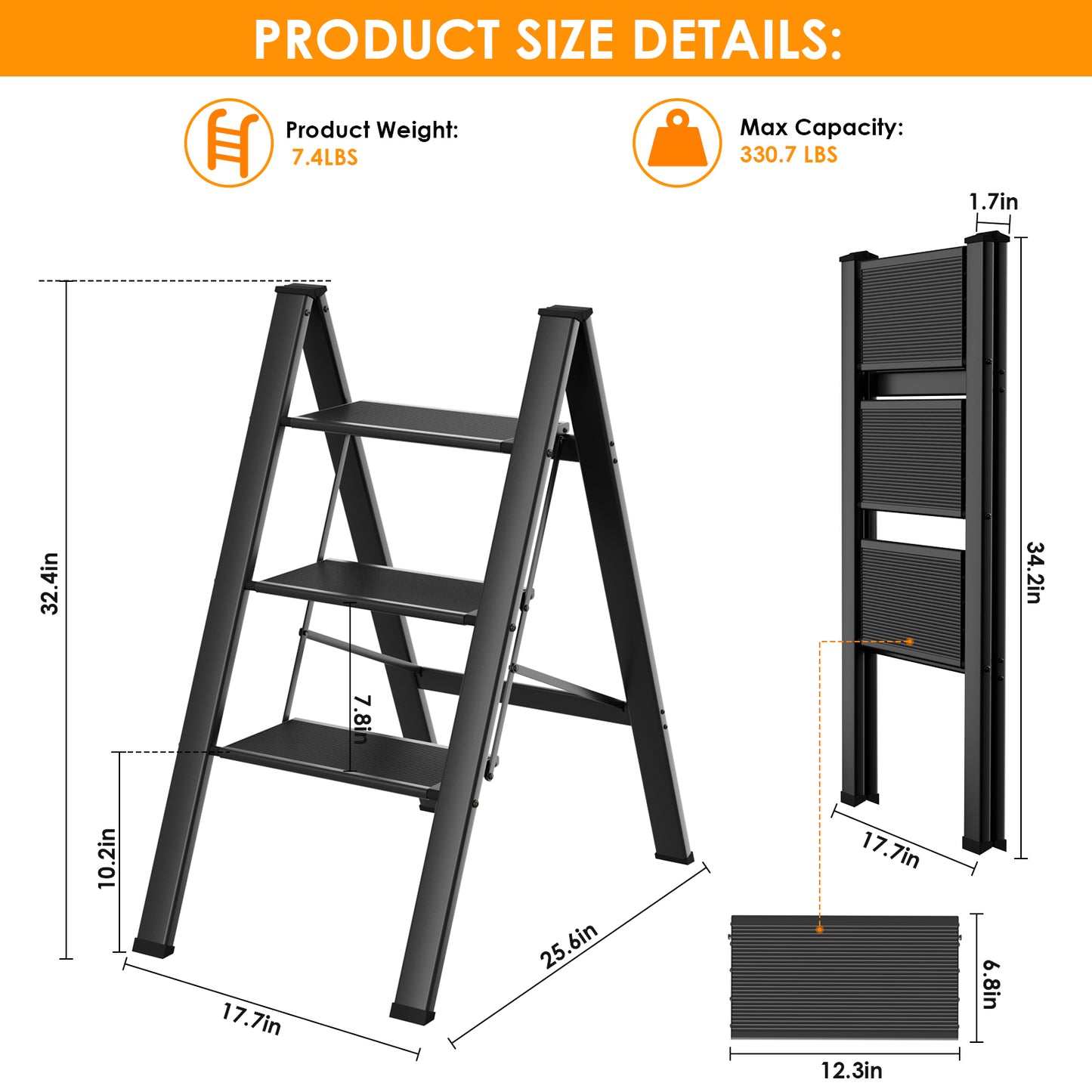 pirecart 3/4 Step Ladder, Aluminum Portable Folding Step Stool with Wide Anti-Slip Pedals