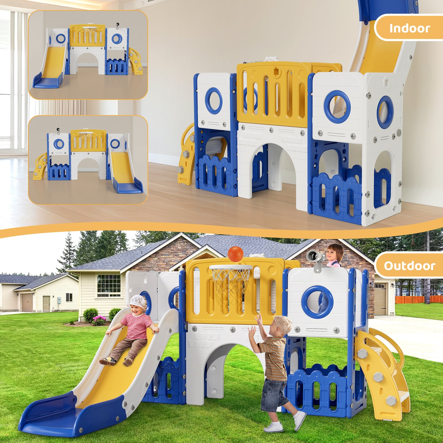 Pirecart Large Toddler Slide, Indoor Outdoor Kids Climber Playset with Basketball Hoop, Storage Space, Tunnel for Boys and Girls