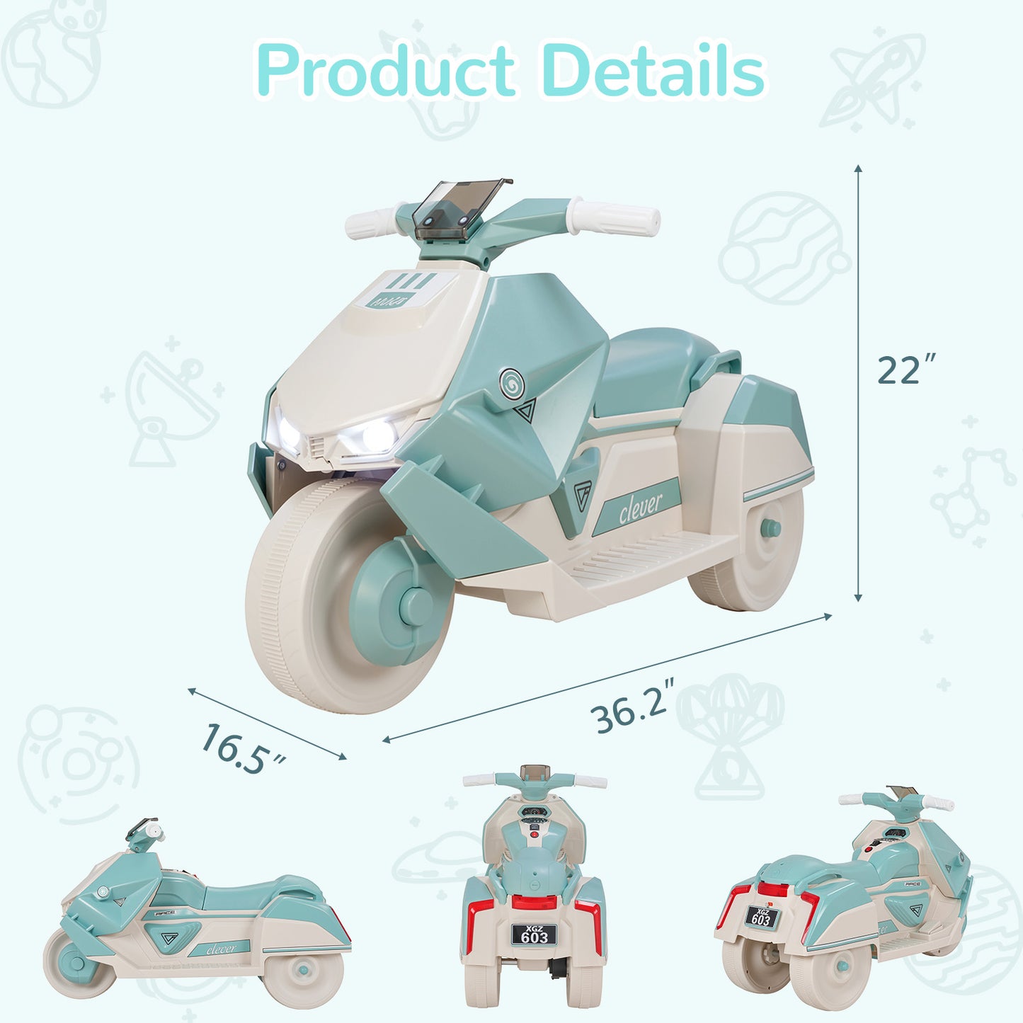 Pirecart Kids Electric Motorcycle, 6V Toddler Motorcycle with Realistic Sounds, LED Light, Children Ride on Toy with MP3/USB, Non-Slip Tires, Gift for Age 3+