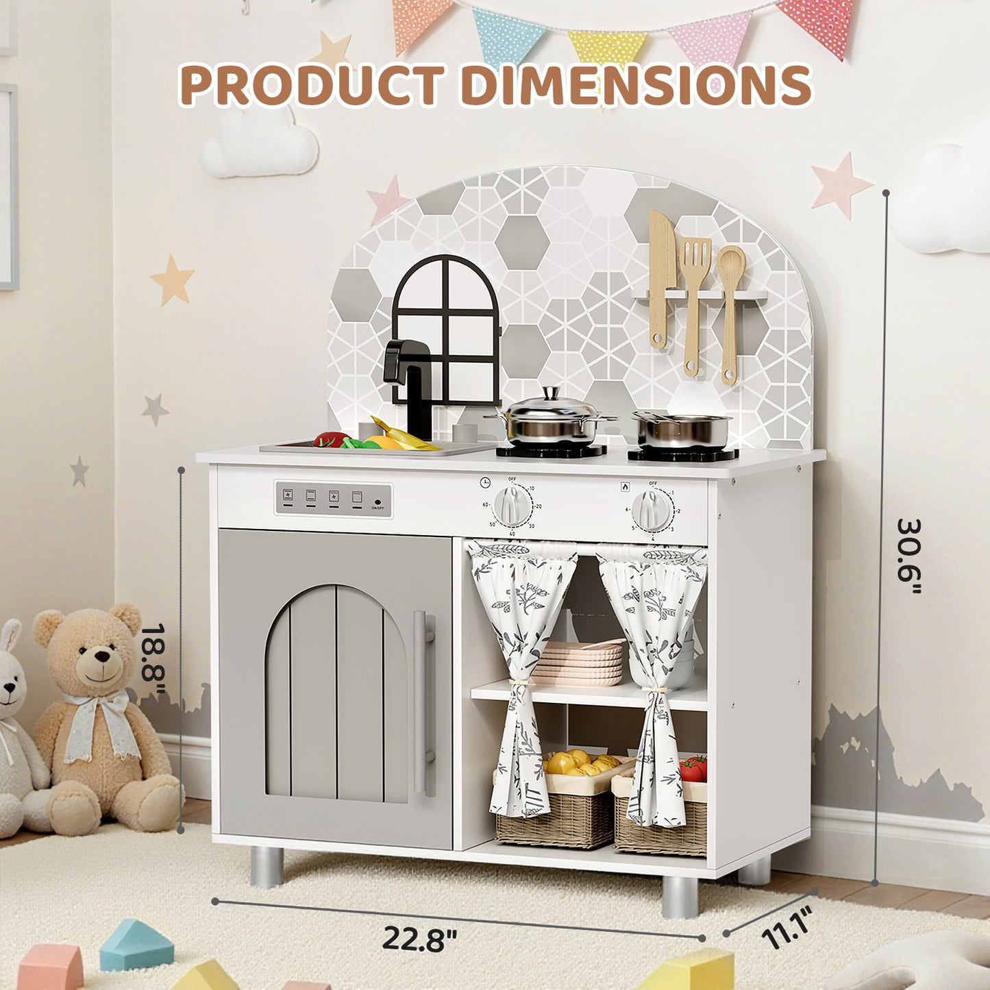 Pirecart Kids Play Kitchen, Toddler Wooden Kitchen Playset with Cooking Accessories and Clicking Knobs, Educational Chef Pretend Play Set for Ages 3+