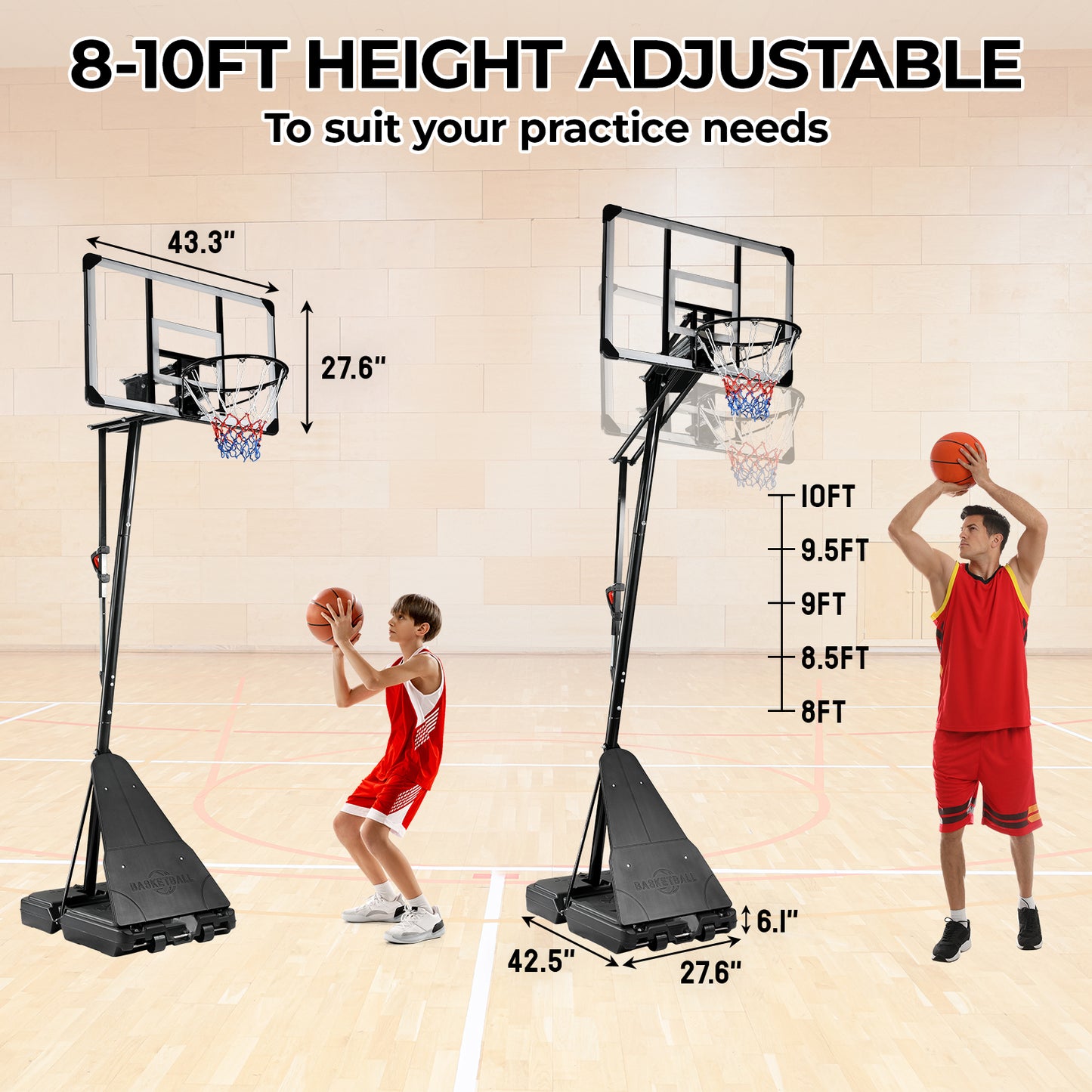 pirecart 44 in Portable Basketball Hoop System 8-10 FT Height Adjustable Basketball Hoop