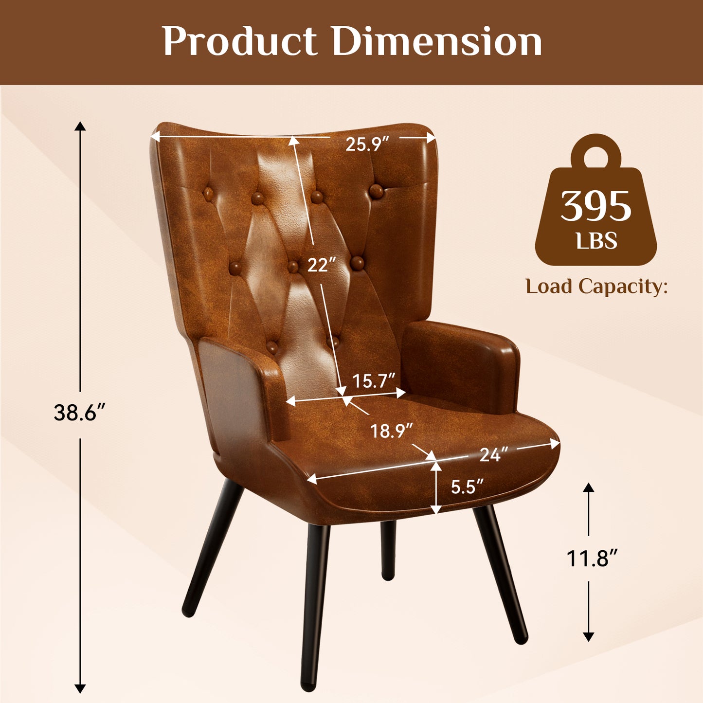 Pirecart Leather Accent Chair, Comfy Upholstered Armchair with Metal Legs, High Backrest Living Room Chair Mid Century Modern for Living Room, Vanity, Bedroom, Brown