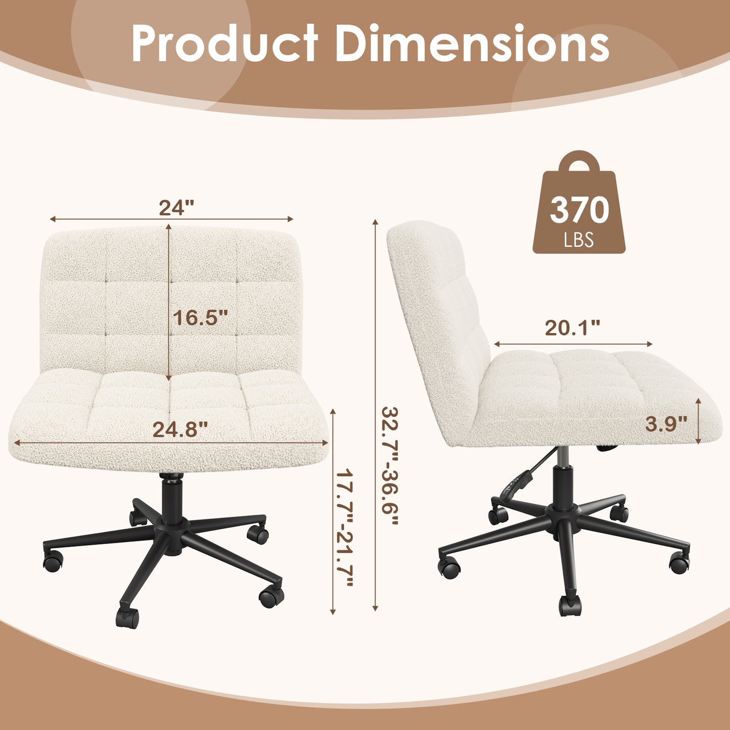 Pirecart Criss Cross Chair with Wheels, Armless Swivel Vanity Chair, Height Adjustable Cross Legged Office Chair with Comfy Wide Cushion for Desk, Vanity, Bedroom, Sherpa Fleece