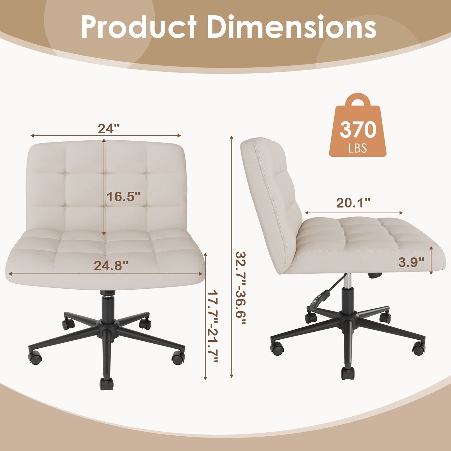 Pirecart Criss Cross Legged Chair, Comfy Swivel Armless Chair with Wheels and Wide Cushion, Height Adjustable Vanity Chair for Bedroom, Office, Desk, Linen