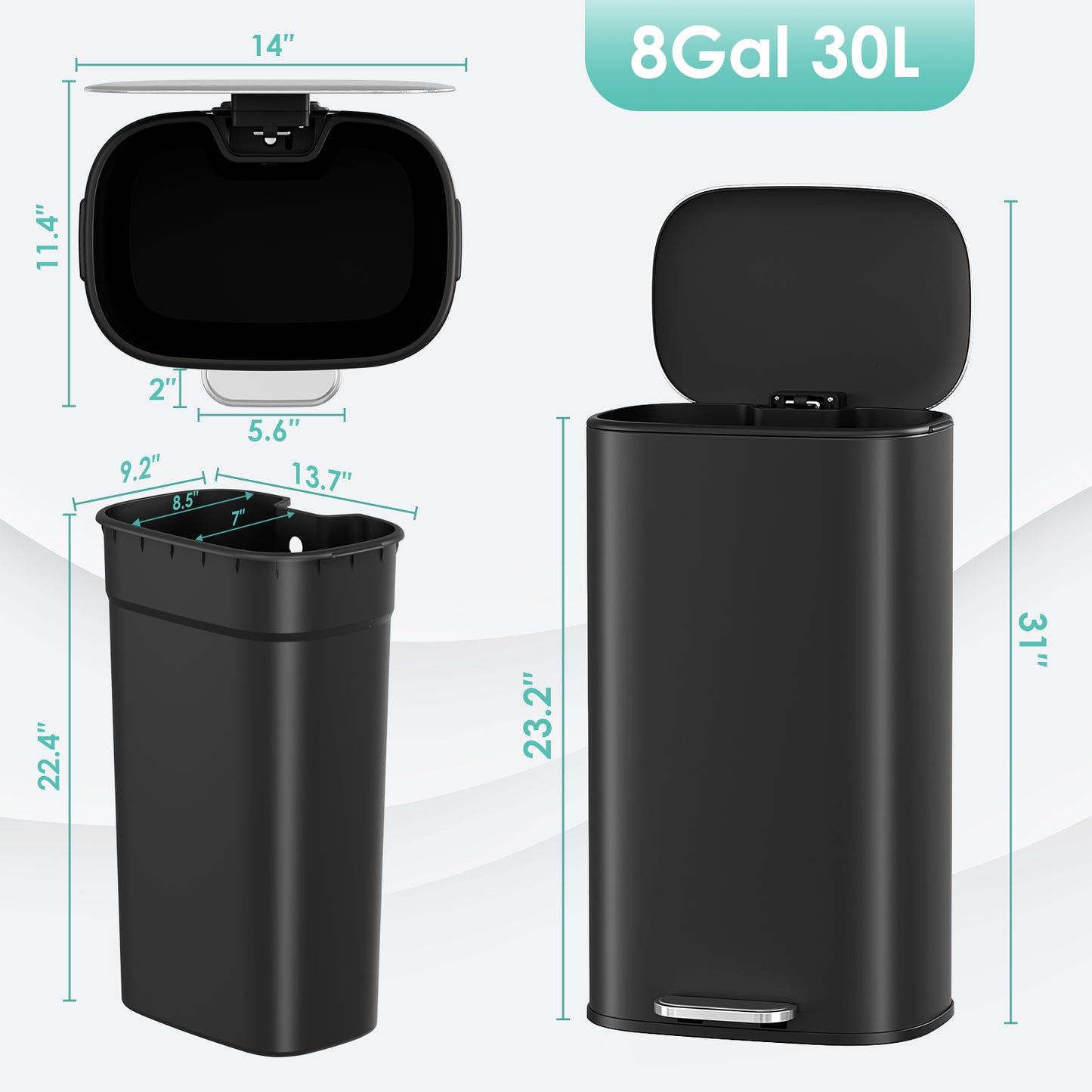 Pirecart Stainless Steel Trash Can, 8 Gal Oval Garbage Can W/ Slow-Closing Lid & Removable Inner Bucket, Foot-operated Soft Lid Trash Can for kitchen, Home, Office