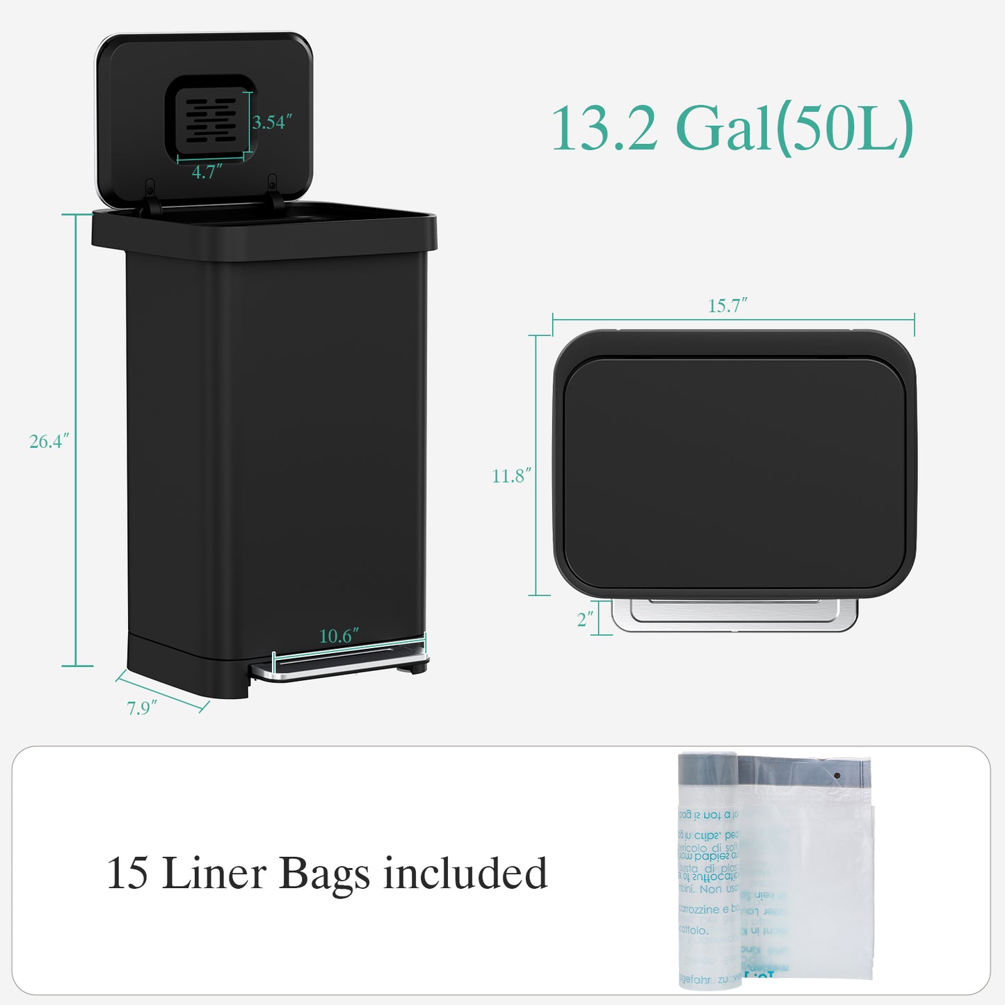 Pirecart 13.2 Gal Stainless Steel Trash Can, Soft-Close Lid Grabage Can with 15 Inner Bags, Rear Trash Bag Storage Compartment, Large Capacity Step Trash Can With Built-In Deodorizer Box