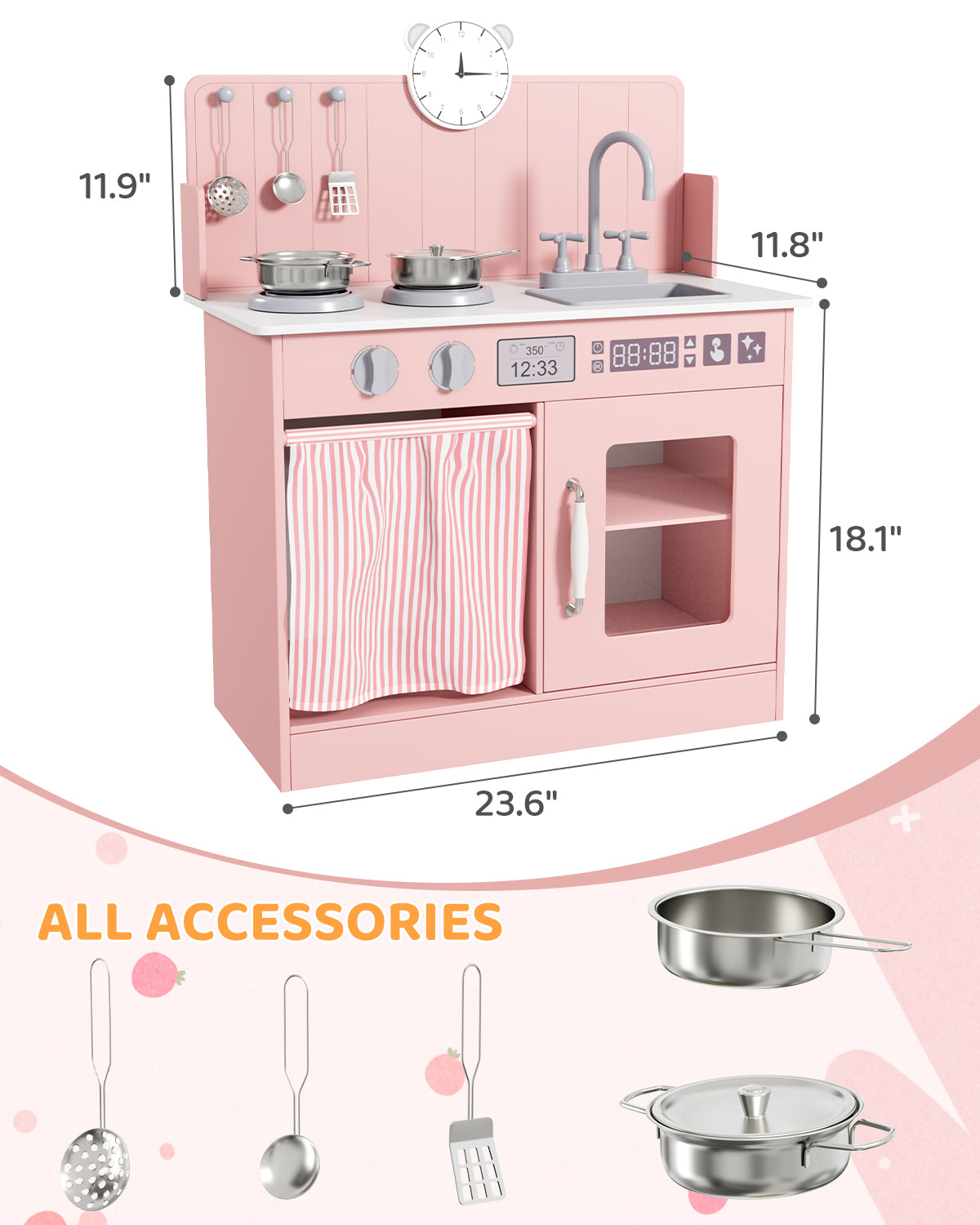 Pirecart Kids Play Kitchen with Ample Storage and Cooking Accessories, Toddler Kitchen Playset with Simulated Gas Tray, Clicking Knobs, Sink, Faucet