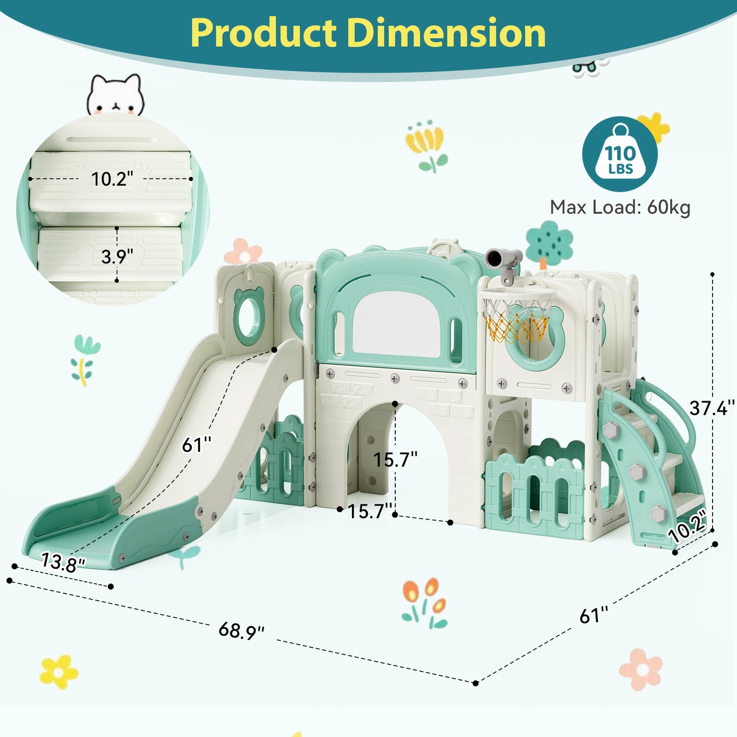 Pirecart 10-in-1 Kids Slide, Indoor Outdoor Toddler Slide Playground with Drawing Board, Basketball Hoop, Tunnel & Storage for Playroom, Kindergarten, Backyard, Gift for Children Age 3+