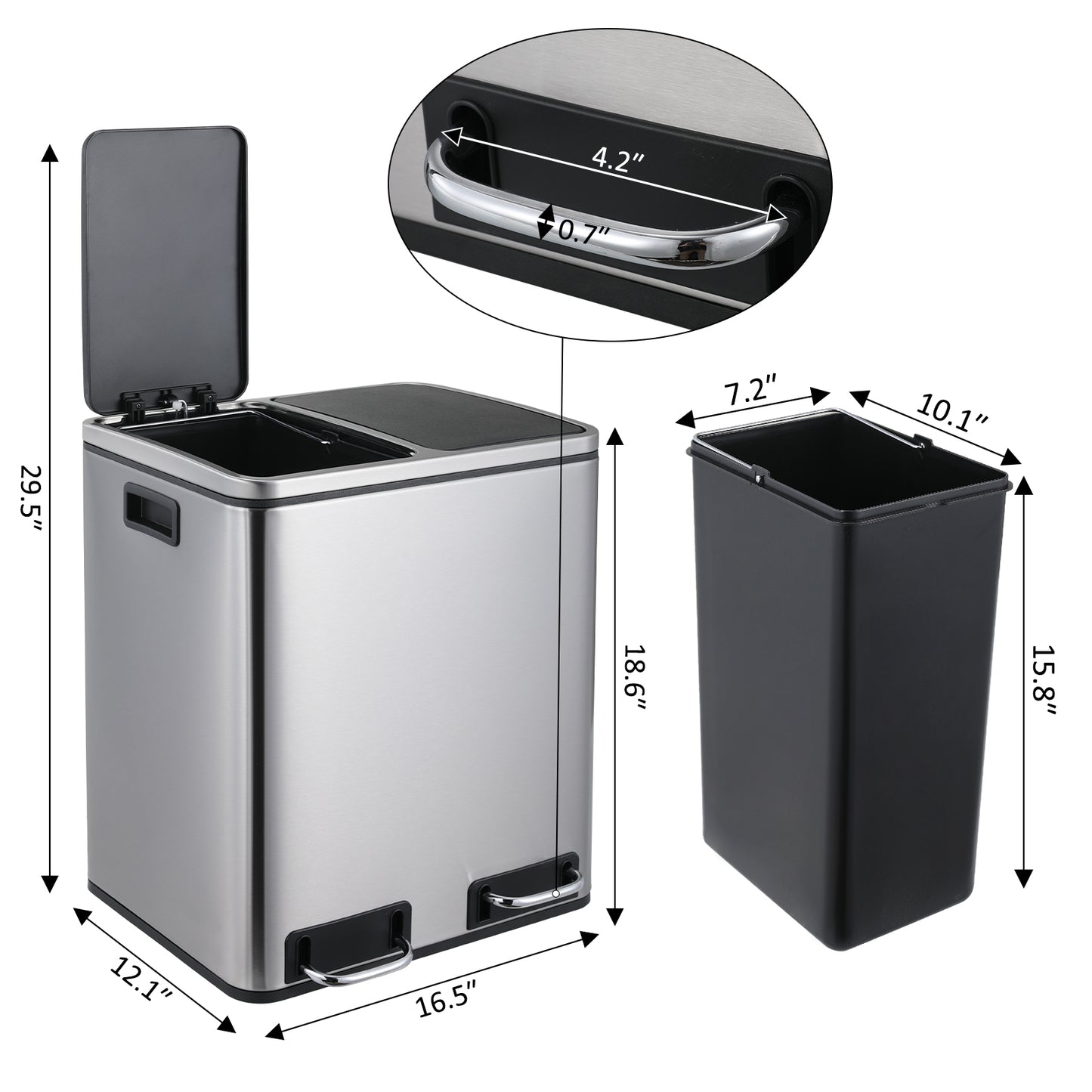 pirecart 2 x 4 Gallon Dual Trash Can Rectangular Dual Compartment Recycling Bin Stainless Steel