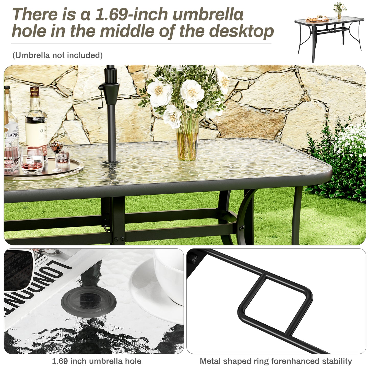 Piecart Outdoor Dining Table with Umbrella Hole, Rectangular Glass Patio Table, Patio Table for Outside, Garden, Balcony