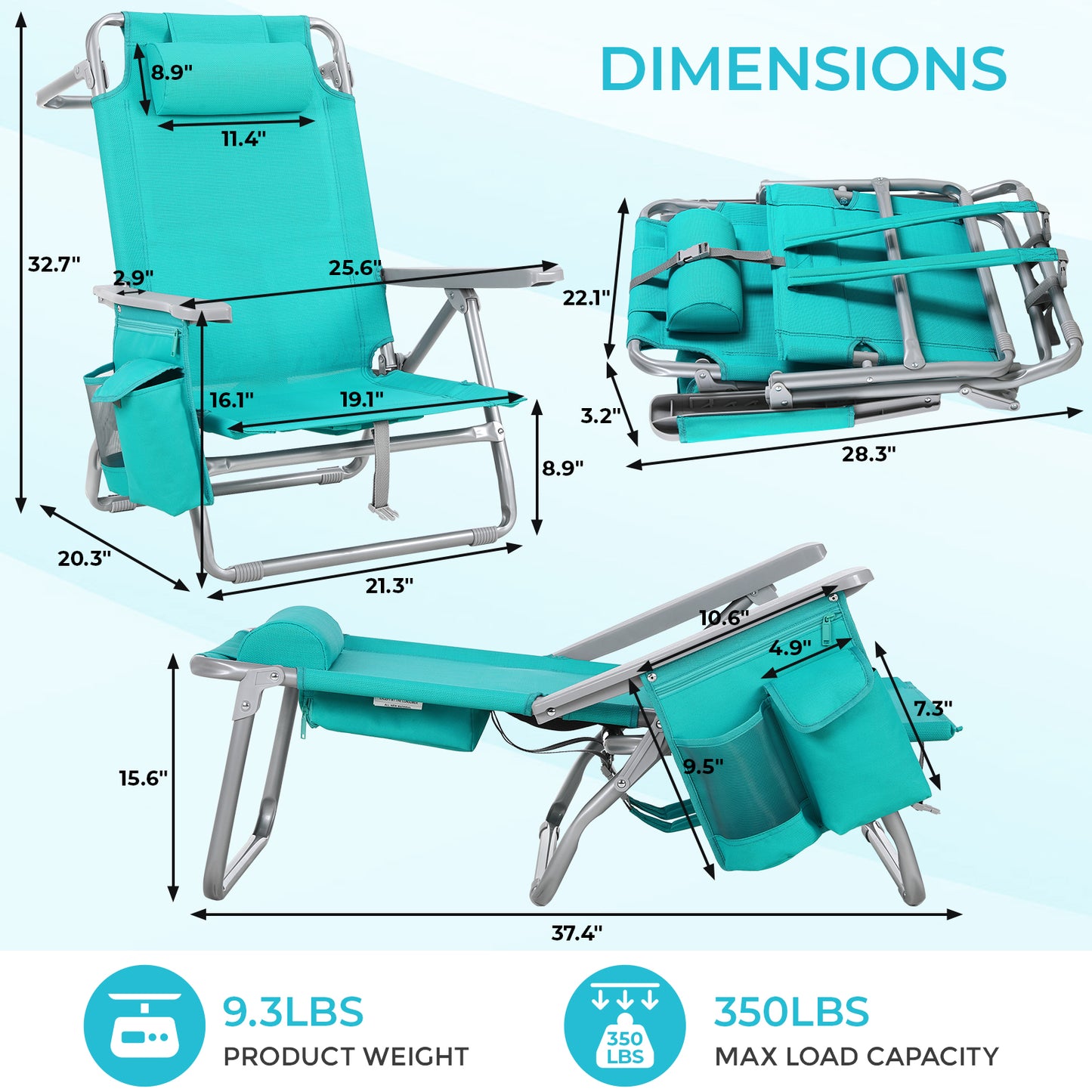 Foldable Beach Chair, 5-Position Lay Flat Reclining Beach Chair W/ Headrest, Storage Bag, Cooler Pouch,Towel Bar, Foot Mat