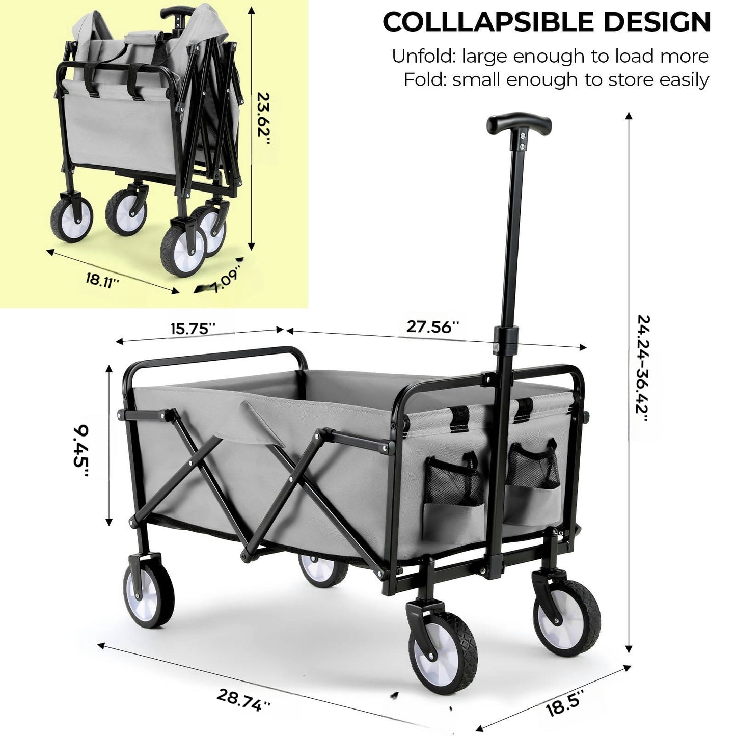 Pirecart 150lbs Capacity Foldable Wagons Carts, Lightweight Portable Utility Shopping Cart with Wheels, Collapsible Grocery Wagon Cart for Grocery, Camping, Shopping, Beach, Garden, Sports
