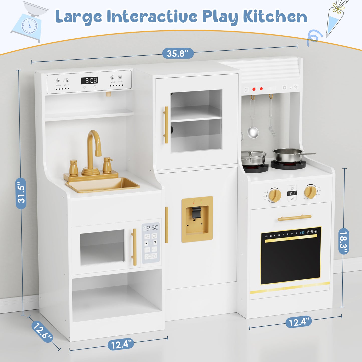 Pirecart Toddler Pretend Paly Kitchen, Wooden Kitchen Play Set with Real Sound and Light, 6-Piece Kitchenware, Sink & Stove, Water Dispenser & Hood, Kids Play Kitchen for Age 3+