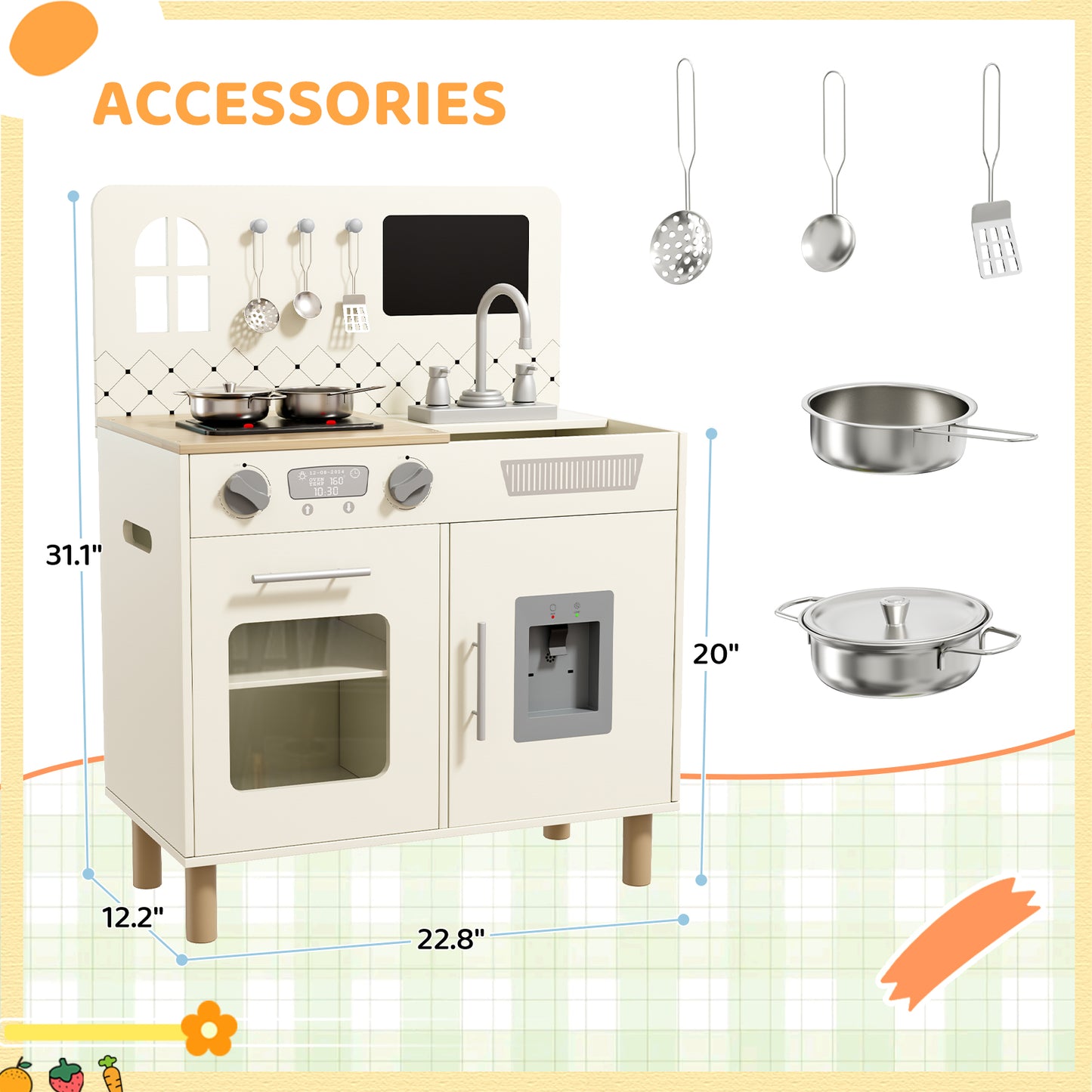 Pirecart Kids Play Kitchen Set, Wooden Kitchen Playset with Real Lights & Sounds, Toddler Pretend Play Kitchen Set with Knob Sounds, Sink, Water Dispenser, 6 Pcs Cookware & Chalkboard Panel