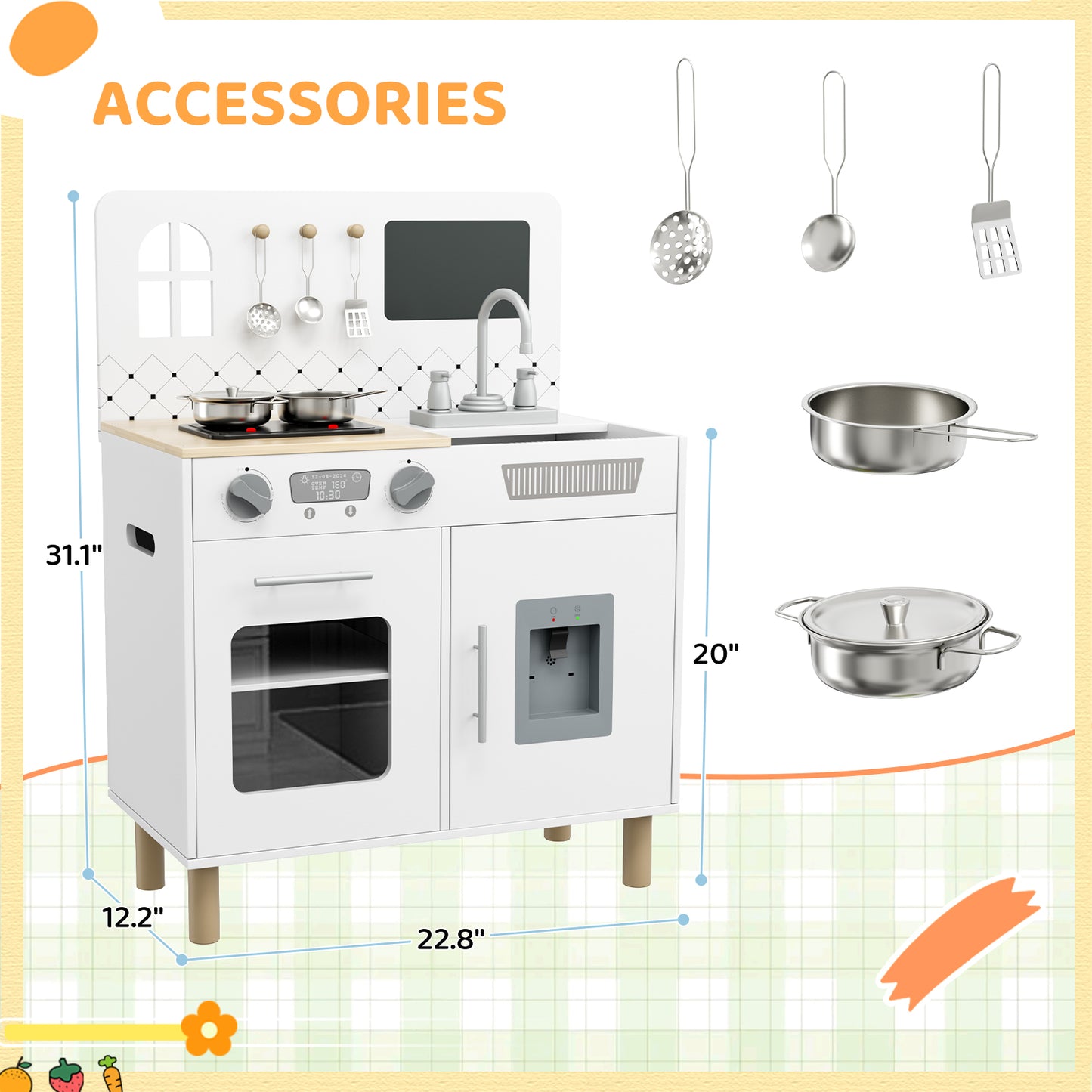 Pirecart Kids Play Kitchen Set, Wooden Kitchen Playset with Real Lights & Sounds, Toddler Pretend Play Kitchen Set with Knob Sounds, Sink, Water Dispenser, 6 Pcs Cookware & Chalkboard Panel