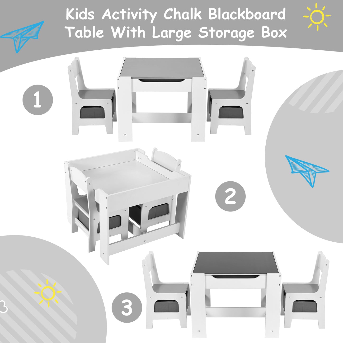 pirecart 3pcs Kids Table Chairs Set With Storage Boxes and Blackboard