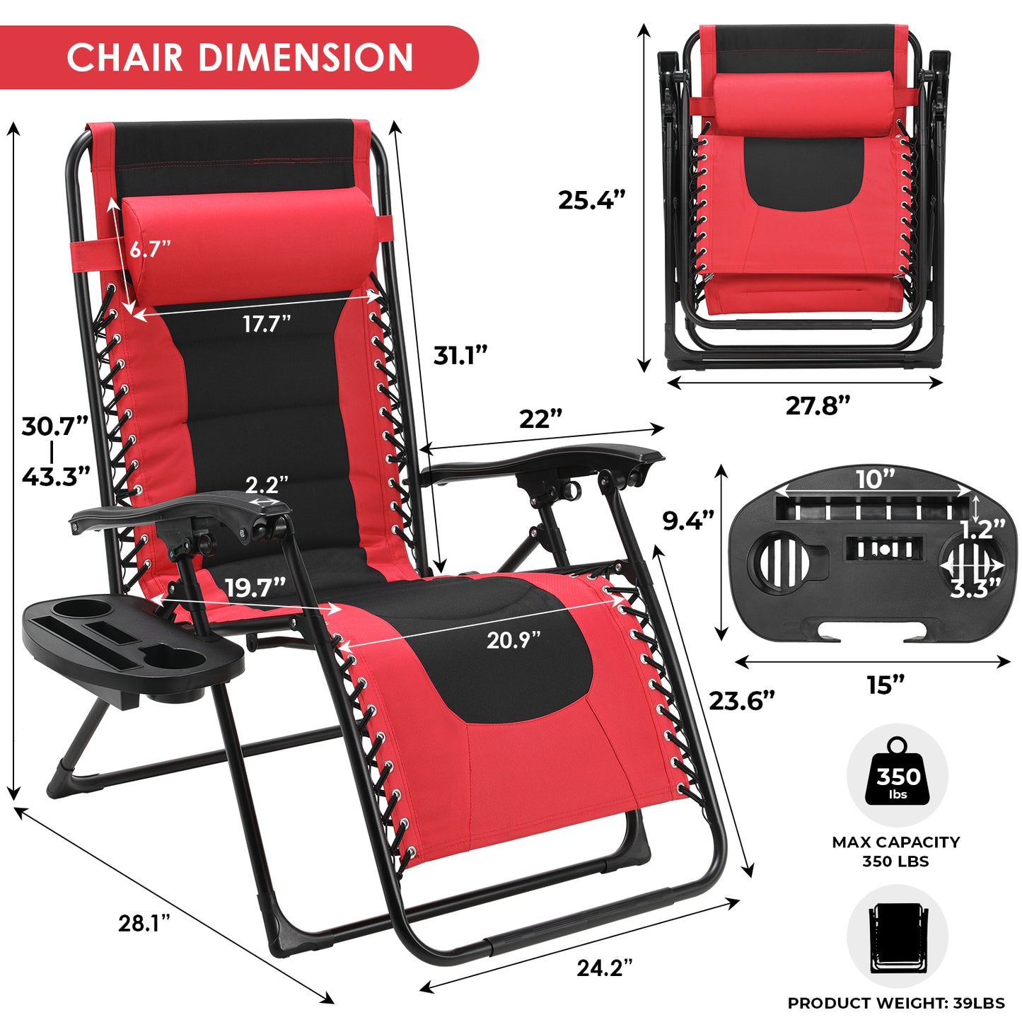 pirecart Oversized Padded Zero Gravity Chair with side Tray, Red