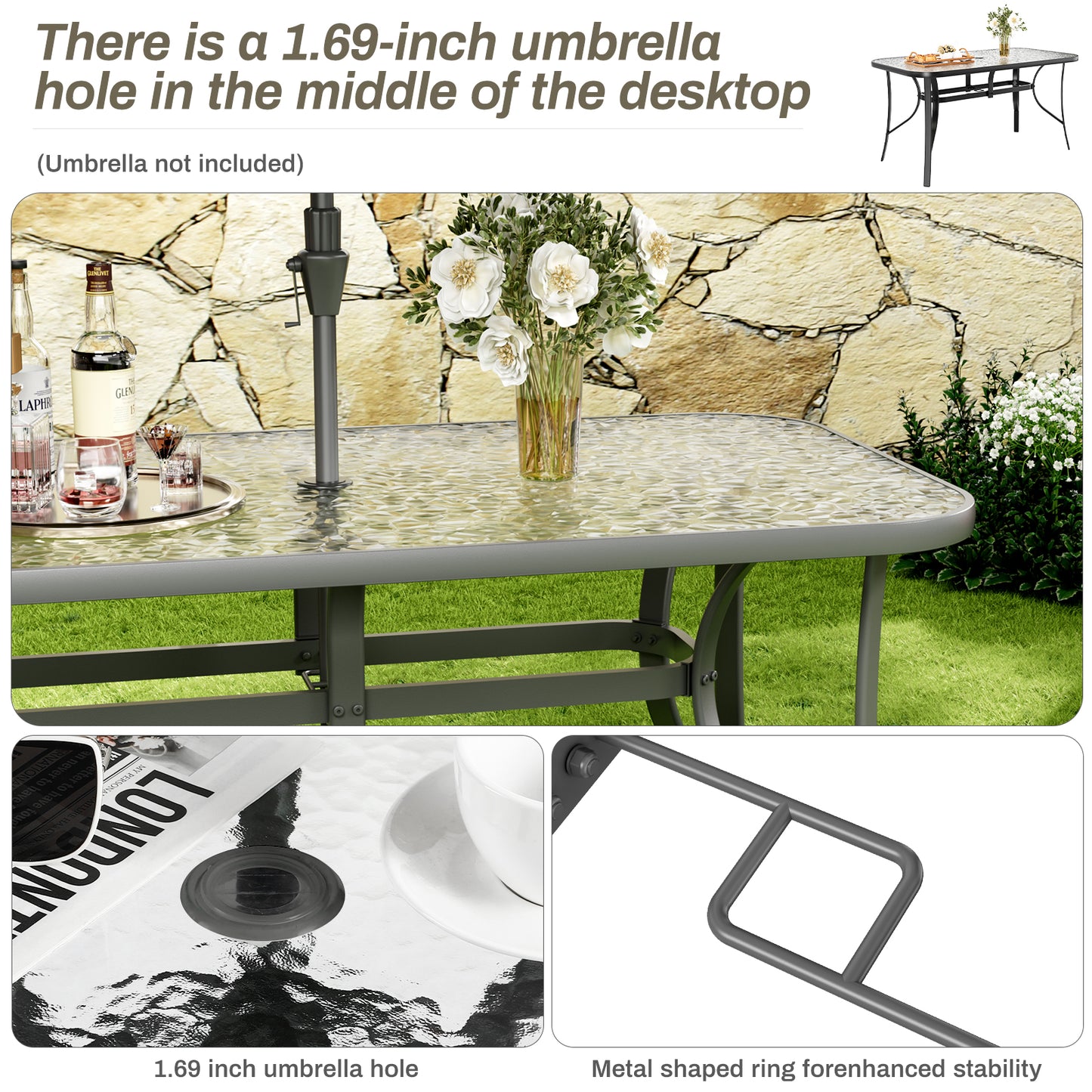 Piecart Outdoor Dining Table with Umbrella Hole, Rectangular Glass Patio Table, Patio Table for Outside, Garden, Balcony