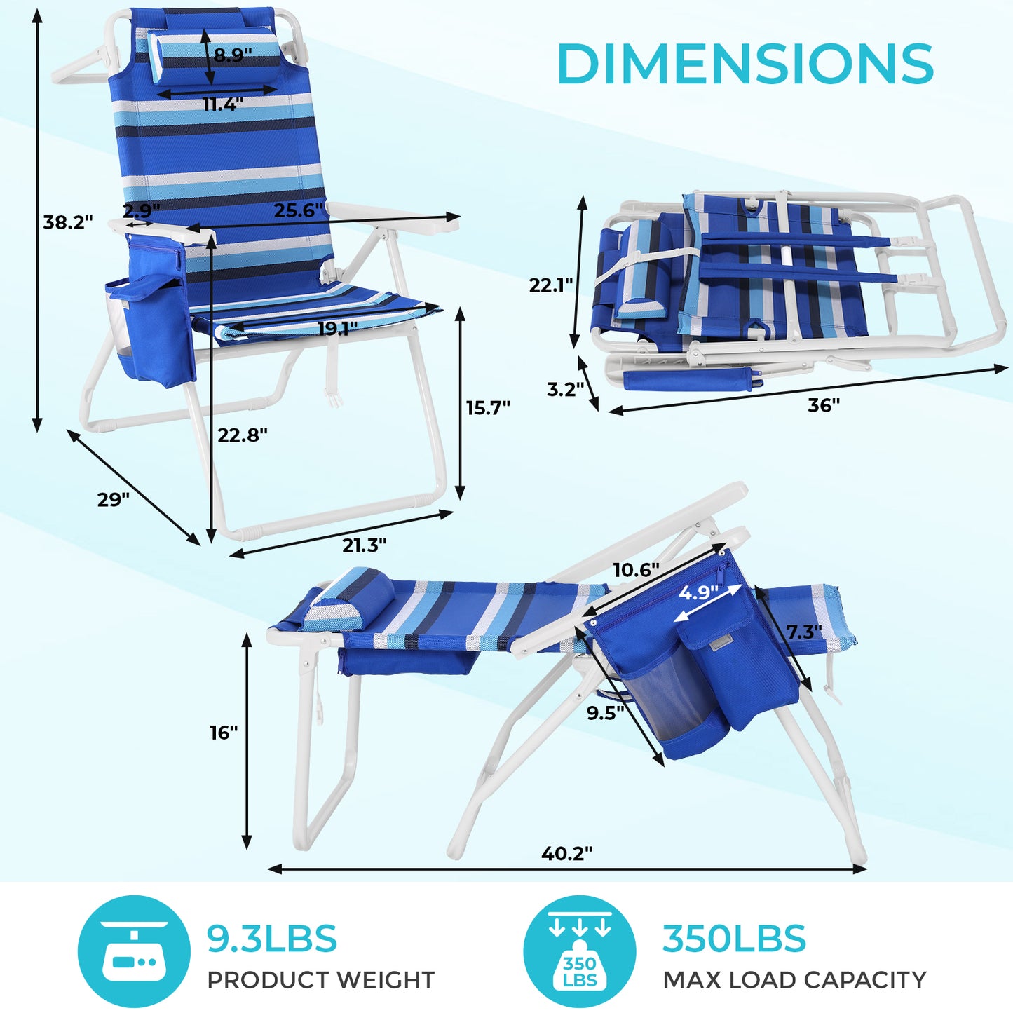 Pirecart Tall Beach Chairs for Adults, Portable Beach Chairs W/ 5-Position Lay Flat & Cooler Pouch, for Beach, Camp, Outdoor