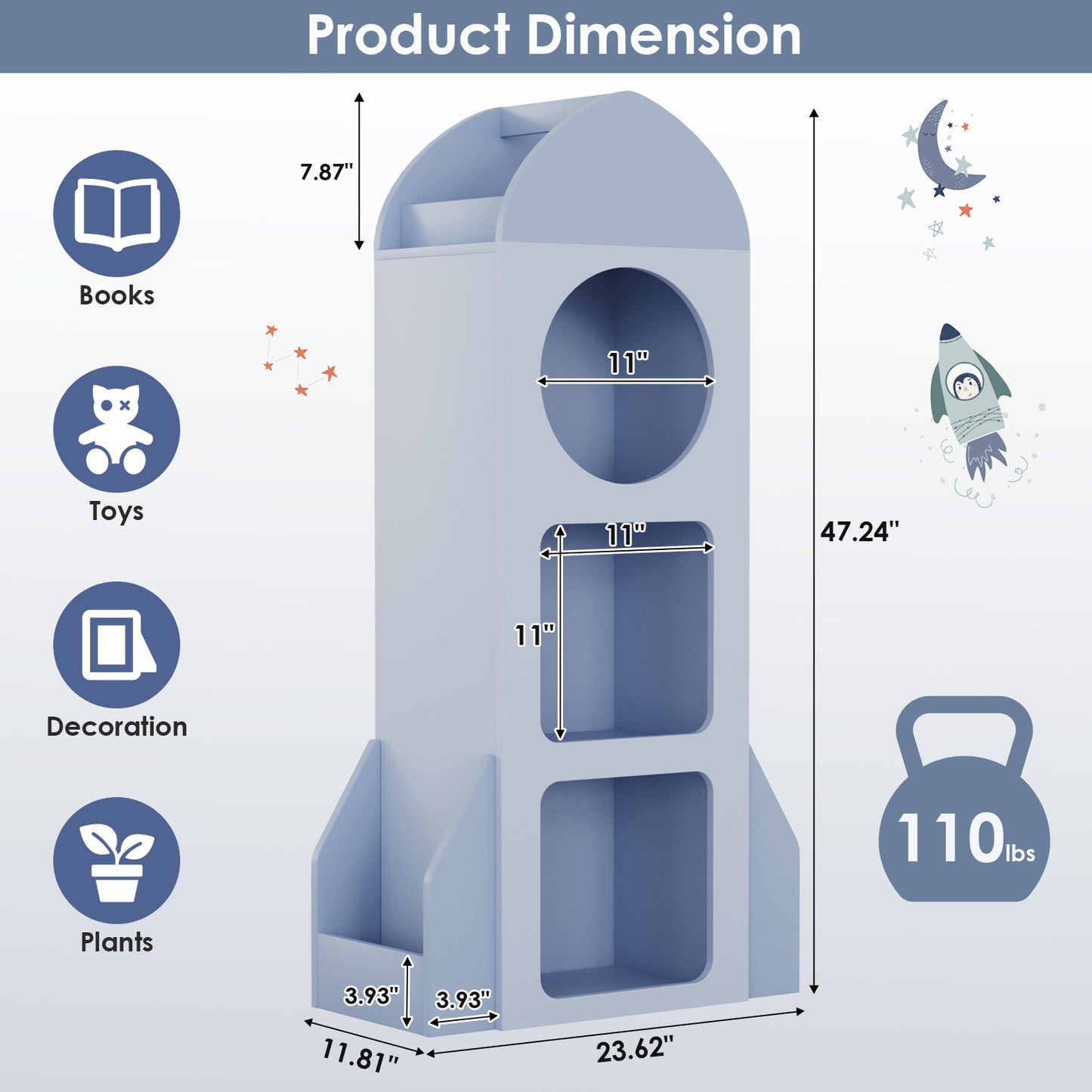 Pirecart Kids Bookshelf 3-Tier Wooden Kids Bookcase with Toy Storage for Bedroom, Playroom, Nursery