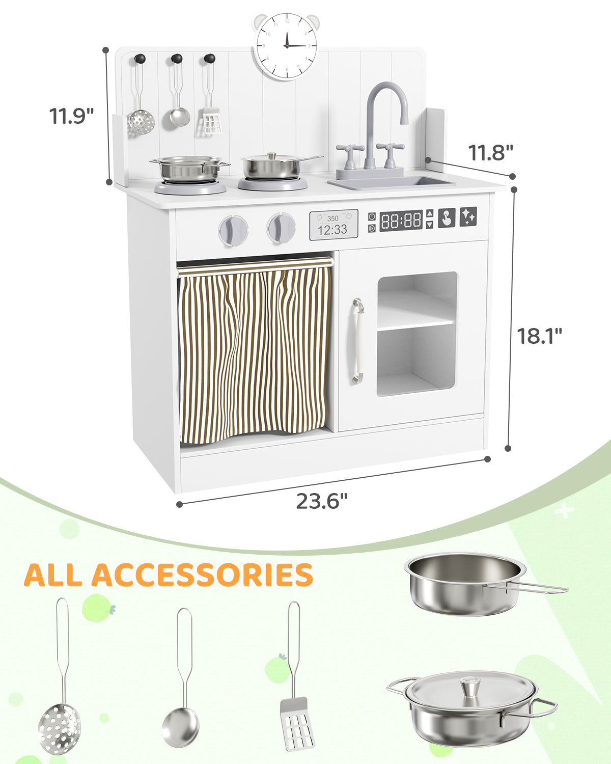 Pirecart Kids Play Kitchen with Ample Storage and Cooking Accessories, Toddler Kitchen Playset with Simulated Gas Tray, Clicking Knobs, Sink, Faucet