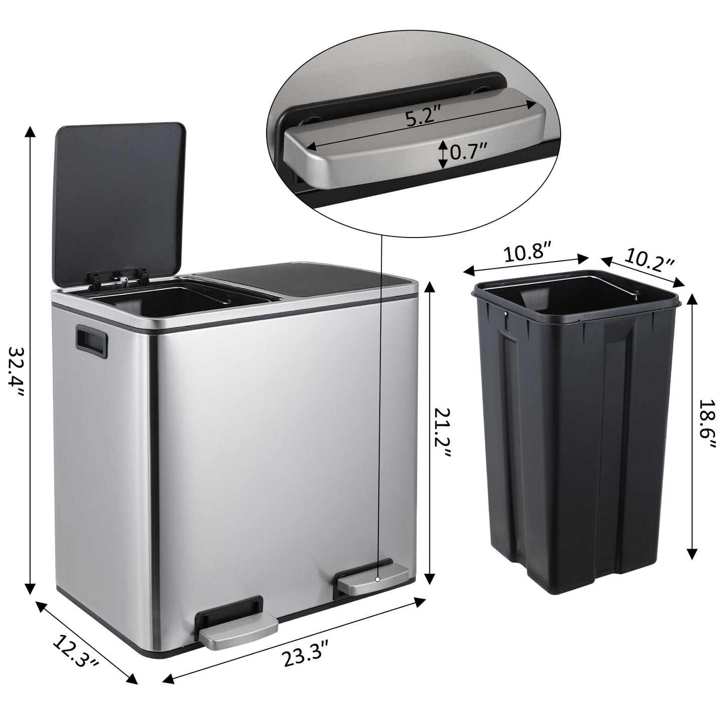 pirecart Pirecart 12 Gallon / 48L Dual Trash Can Stainless Steel Kitchen Step Garbage Can with Lid