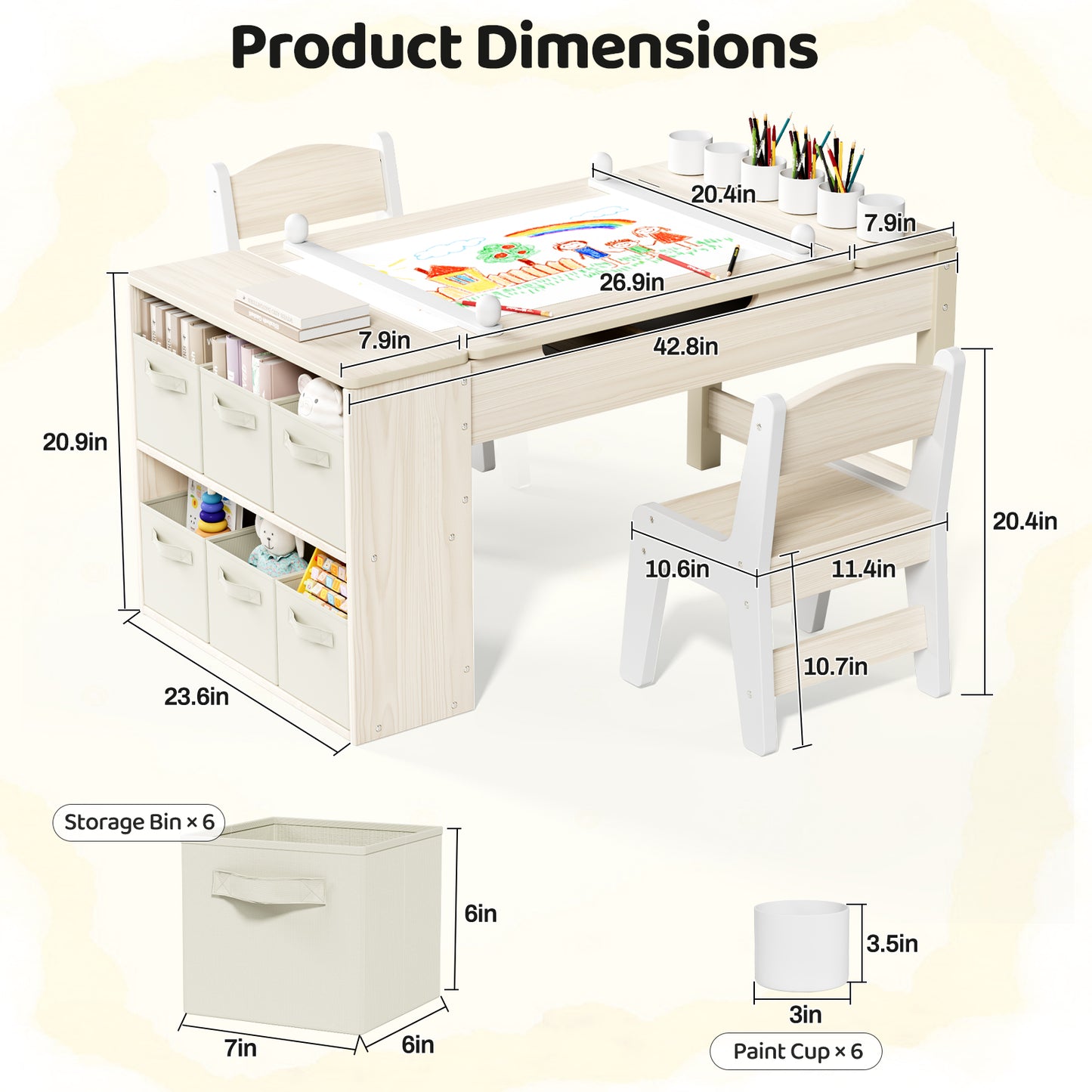 Pirecart 3 in 1 Kids Art Table and Chair Set, Chilldren Art Easel and Wooden Activity Table with 2 Chairs, Storage Bins, Paper Roll, Paint Cups for Draw, Play, Crafts, Read