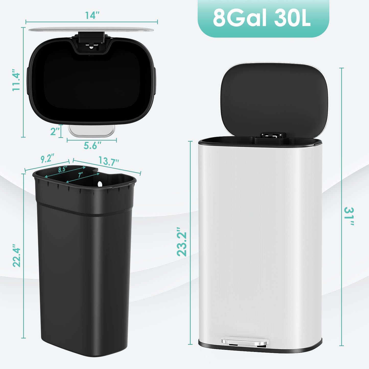 Pirecart Stainless Steel Trash Can, 8 Gal Oval Garbage Can W/ Slow-Closing Lid & Removable Inner Bucket, Foot-operated Soft Lid Trash Can for kitchen, Home, Office