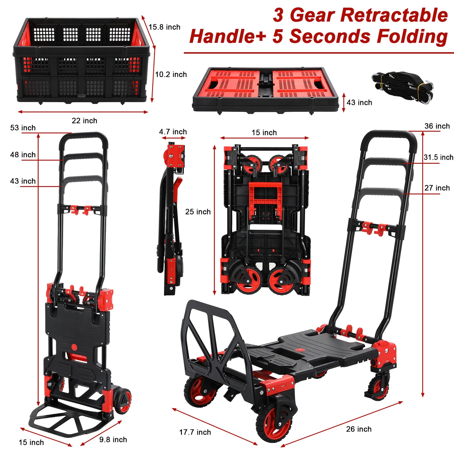 pirecart 2 in 1 Folded Hand Truck with 4 Wheels & Storage Boxes, Heavy Duty Hand Cart Max Load 330LB,