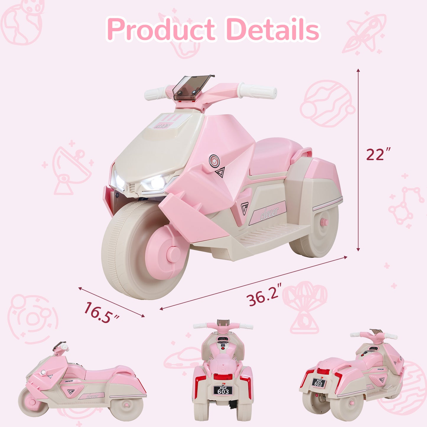 Pirecart Kids Electric Motorcycle, 6V Toddler Motorcycle with Realistic Sounds, LED Light, Children Ride on Toy with MP3/USB, Non-Slip Tires, Gift for Age 3+