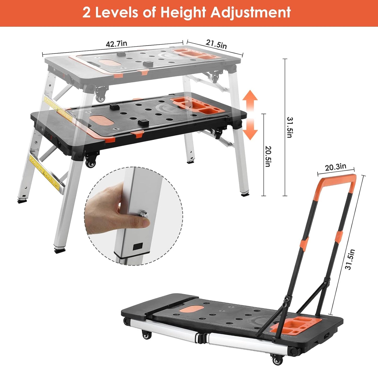 pirecart Multifunctional Folding Work Table, 7 in 1 Work Benches for Garage, as Portable Workbench, Sawhorse, Scaffold, Platform, Car Creeper, and Hand Truck, with 4 Wheels