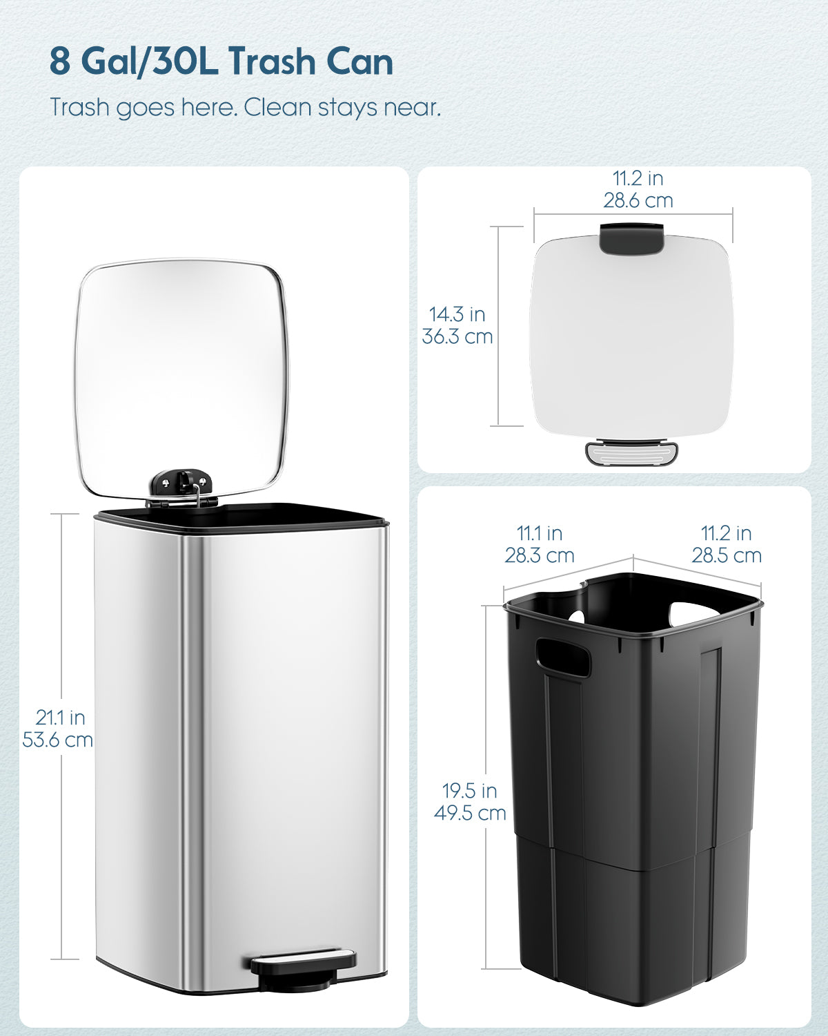 Pirecart 8 gal Trash Can, Stainless Steel Square Garbage Can with Soft-Close Lid & Removable Bucket, Fingerprint-Proof Step Garbage Bin for Kitchen, Living Room