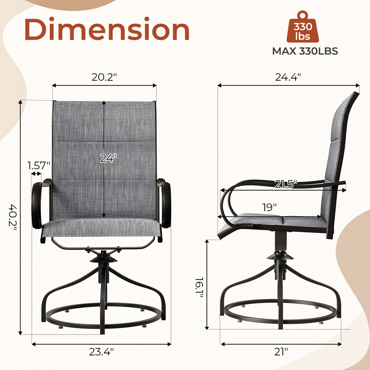 Pirecart Padded Patio Swivel Chairs Set of 2, Outdoor 360° Dining Chairs W/ Metal Rocking Frame & Armrest, High Back Textilene Patio Dining Chairs