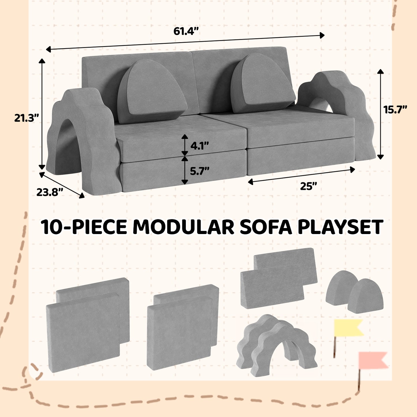 Pirecart Modular Kids Play Couch 10Pcs Toddler Sofa Couch Creative Sectional Couch Play Set