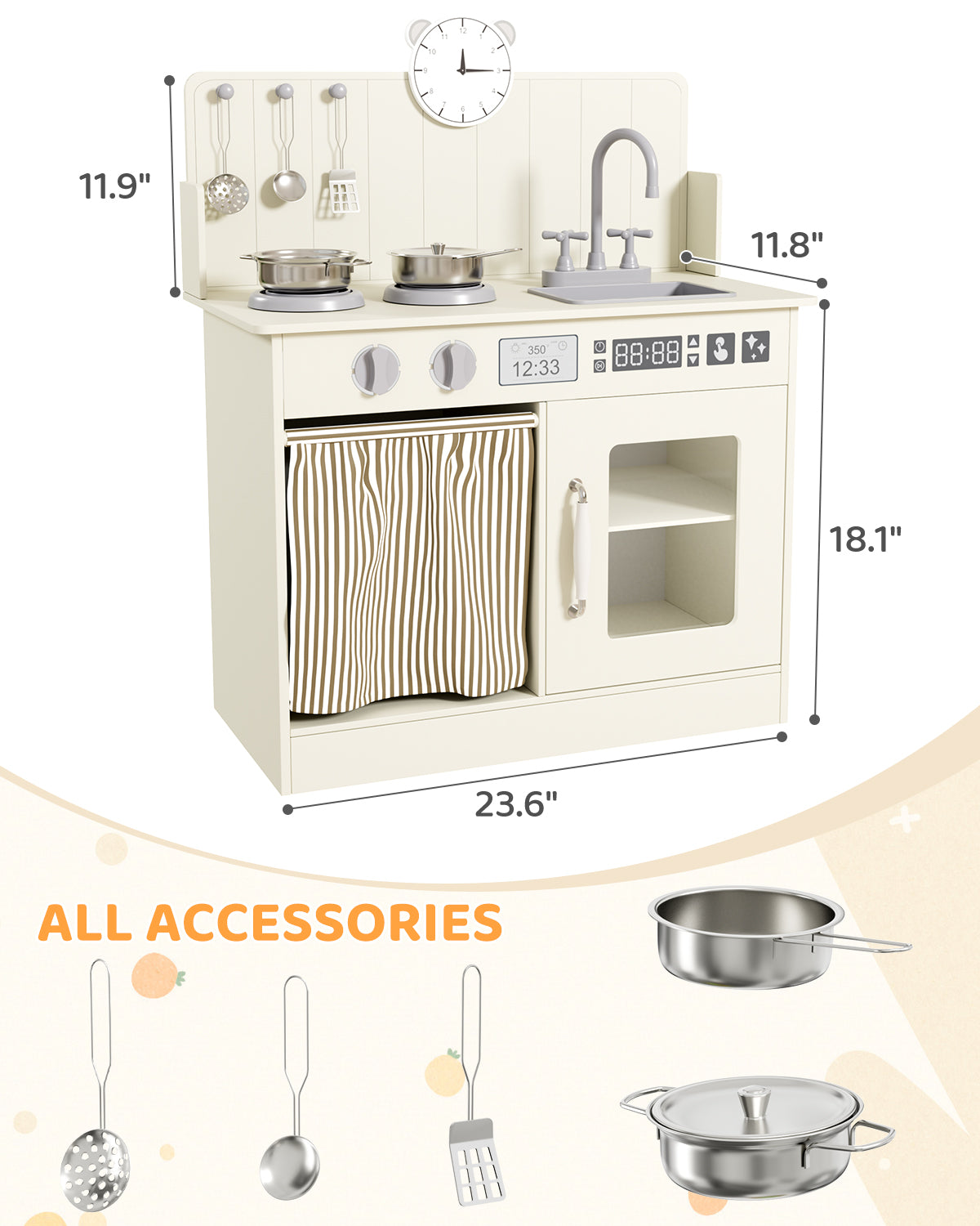 Pirecart Kids Play Kitchen with Ample Storage and Cooking Accessories, Toddler Kitchen Playset with Simulated Gas Tray, Clicking Knobs, Sink, Faucet