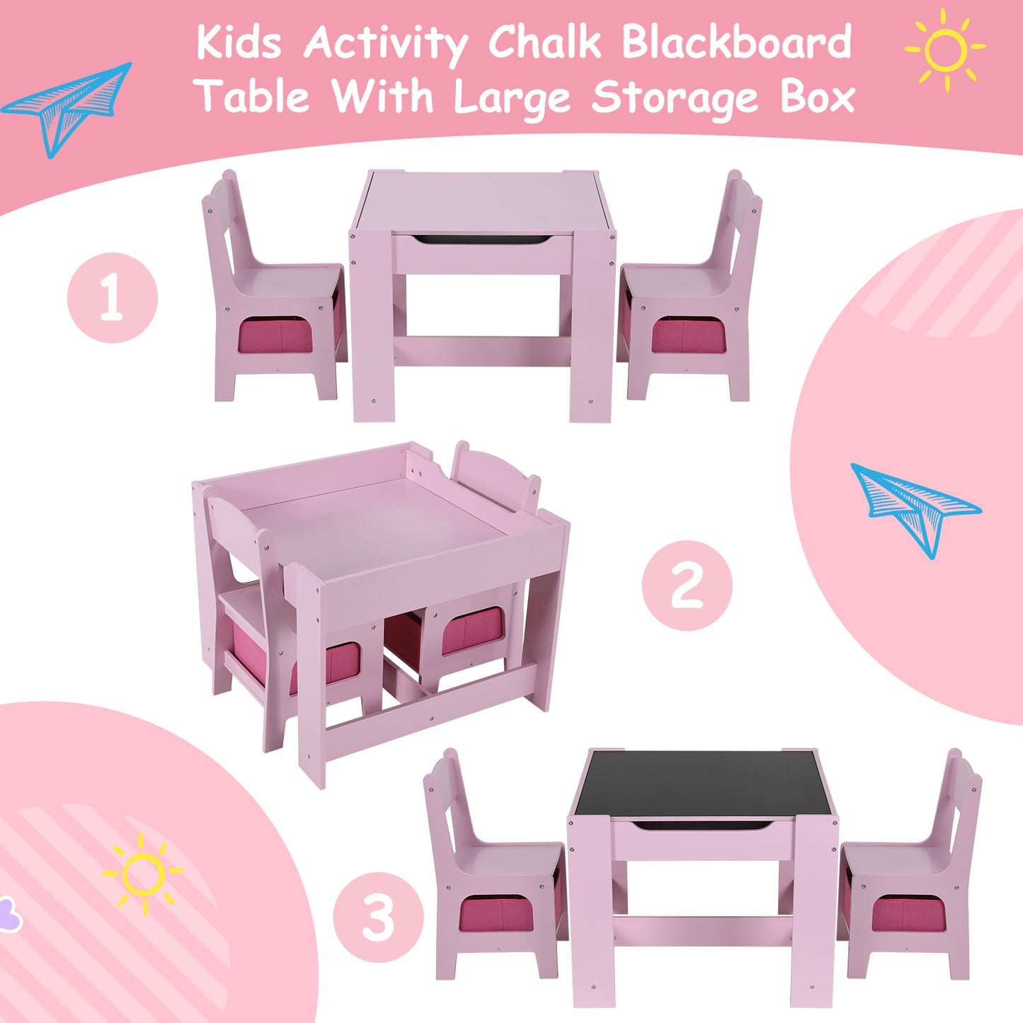 pirecart Kids Table and Chair Set, Wooden Toddler Activity Table with Storage Boxes