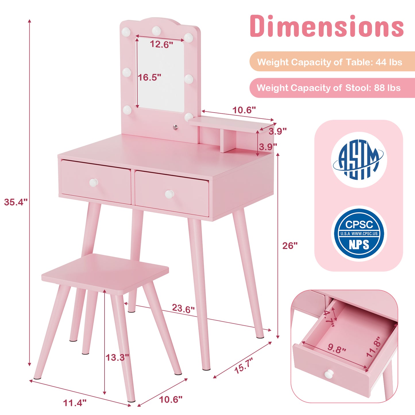 Pirecart Kids Vanity Table and Chair Set, Kids Wood Makeup Dressing Table with 7 Lights, Mirror, 2 Drawers