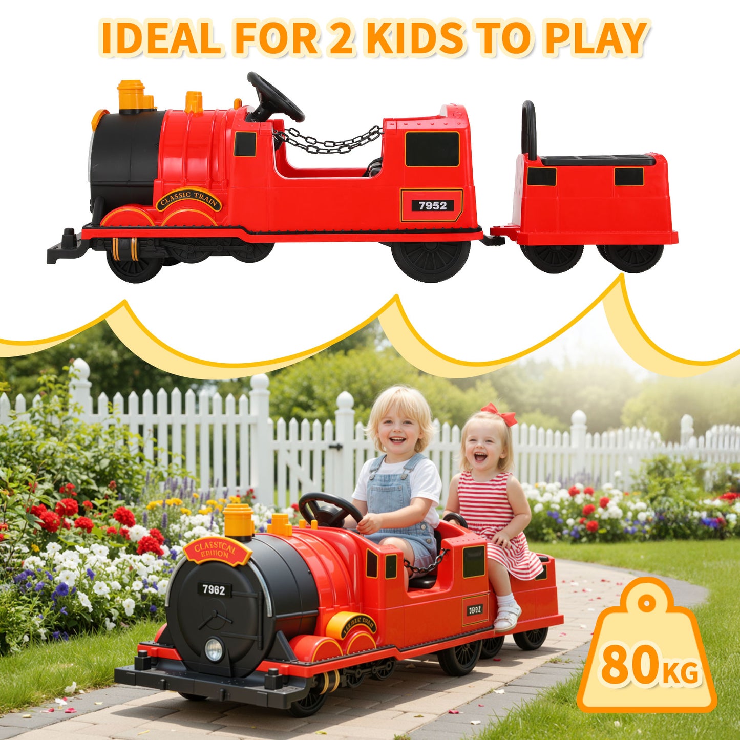 Ride on Train Trackless for Kids, Toddler Ride on Toy Train with Under Seat Storage, 12V 4 Wheeler Electric Car with Whistle & Music for Age 3+ Boys and Girls Gift