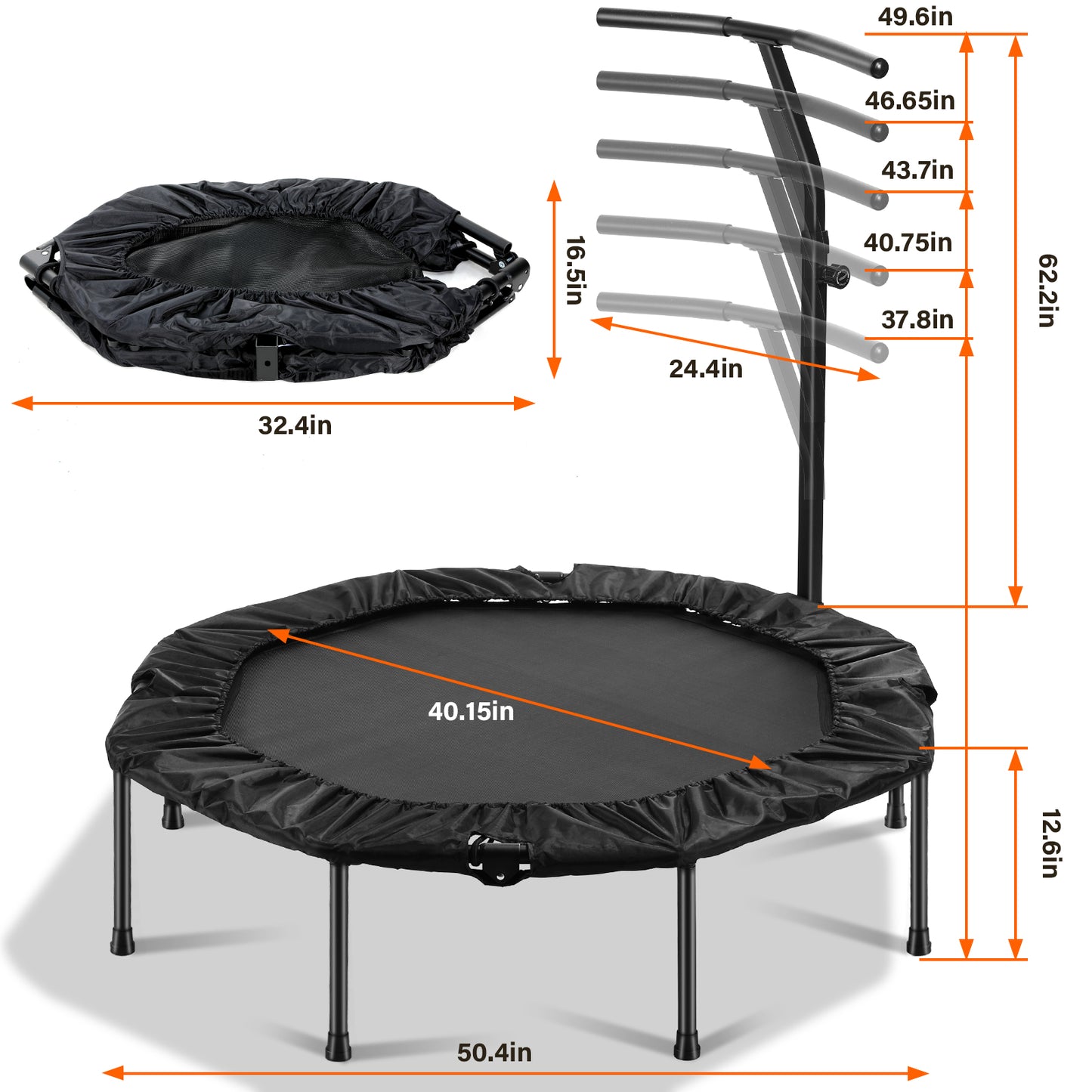 pirecart 50" Foldable Trampoline with Adjustable Handle Bar, Fitness Rebounder Exercise Trampoline for Adults, Max Load 330lbs