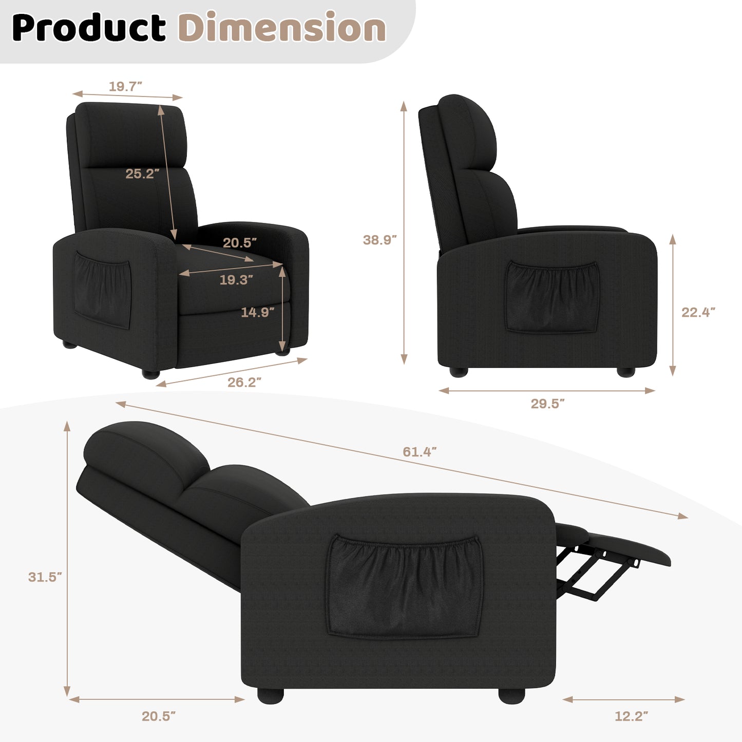 Pirecart Fabric Reclining Chair, Single Sofa Chair with Thicker Seat Cushion and a Side Pocket, Home Theater Seating with Adjustable Backrest and Footrest
