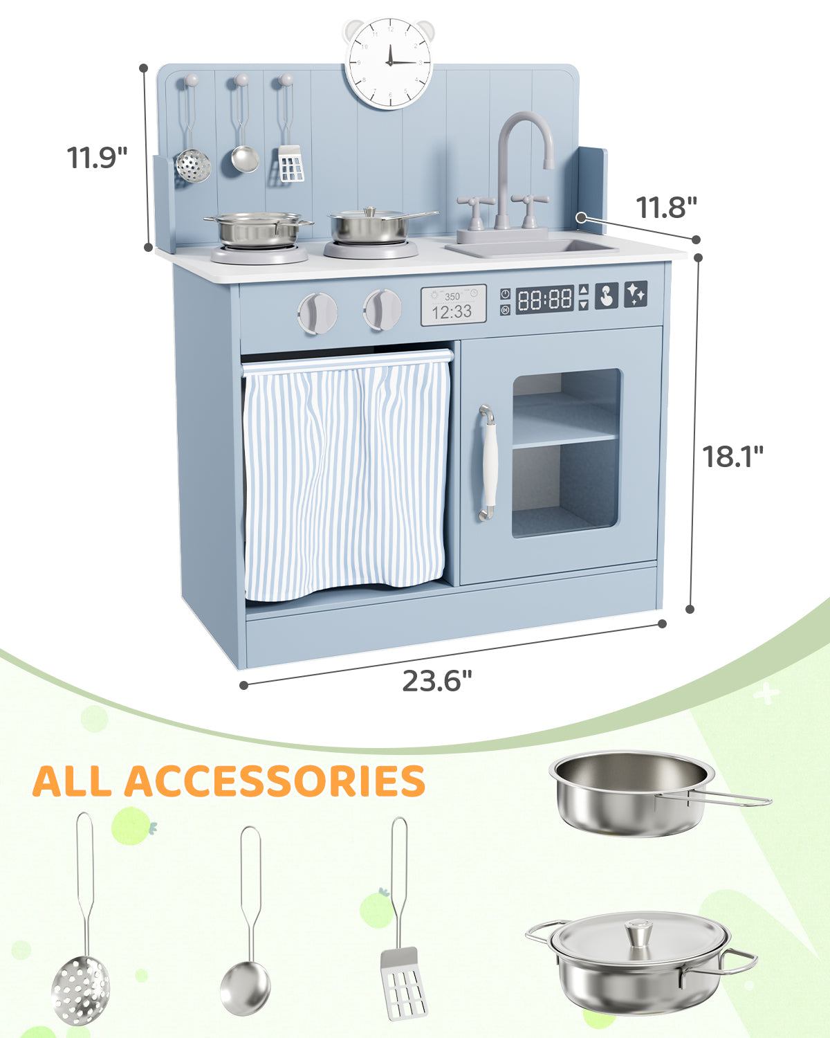 Pirecart Kids Play Kitchen with Ample Storage and Cooking Accessories, Toddler Kitchen Playset with Simulated Gas Tray, Clicking Knobs, Sink, Faucet