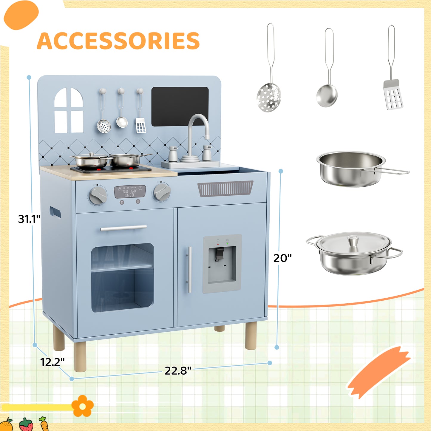 Pirecart Kids Play Kitchen Set, Wooden Kitchen Playset with Real Lights & Sounds, Toddler Pretend Play Kitchen Set with Knob Sounds, Sink, Water Dispenser, 6 Pcs Cookware & Chalkboard Panel