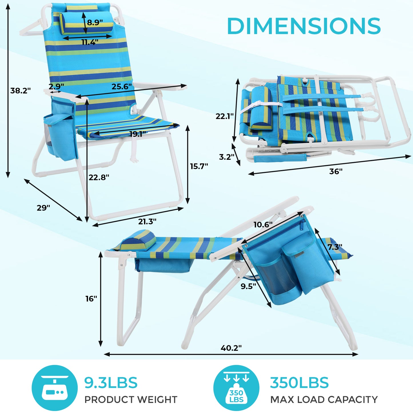 Pirecart Tall Beach Chairs for Adults, Portable Beach Chairs W/ 5-Position Lay Flat & Cooler Pouch, for Beach, Camp, Outdoor