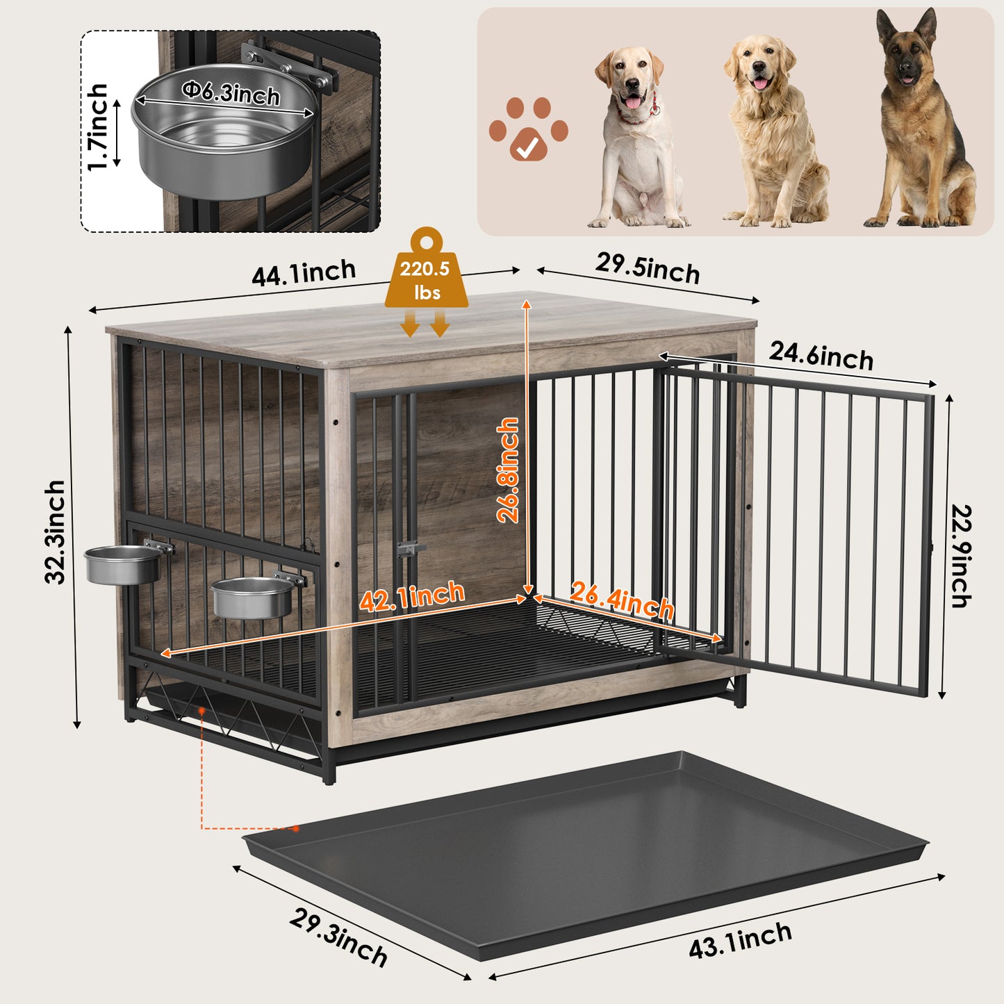 pirecart 39/44 inch Furniture Style Dog Crate with 2 Bowls, Large Wooden End Table Dog House