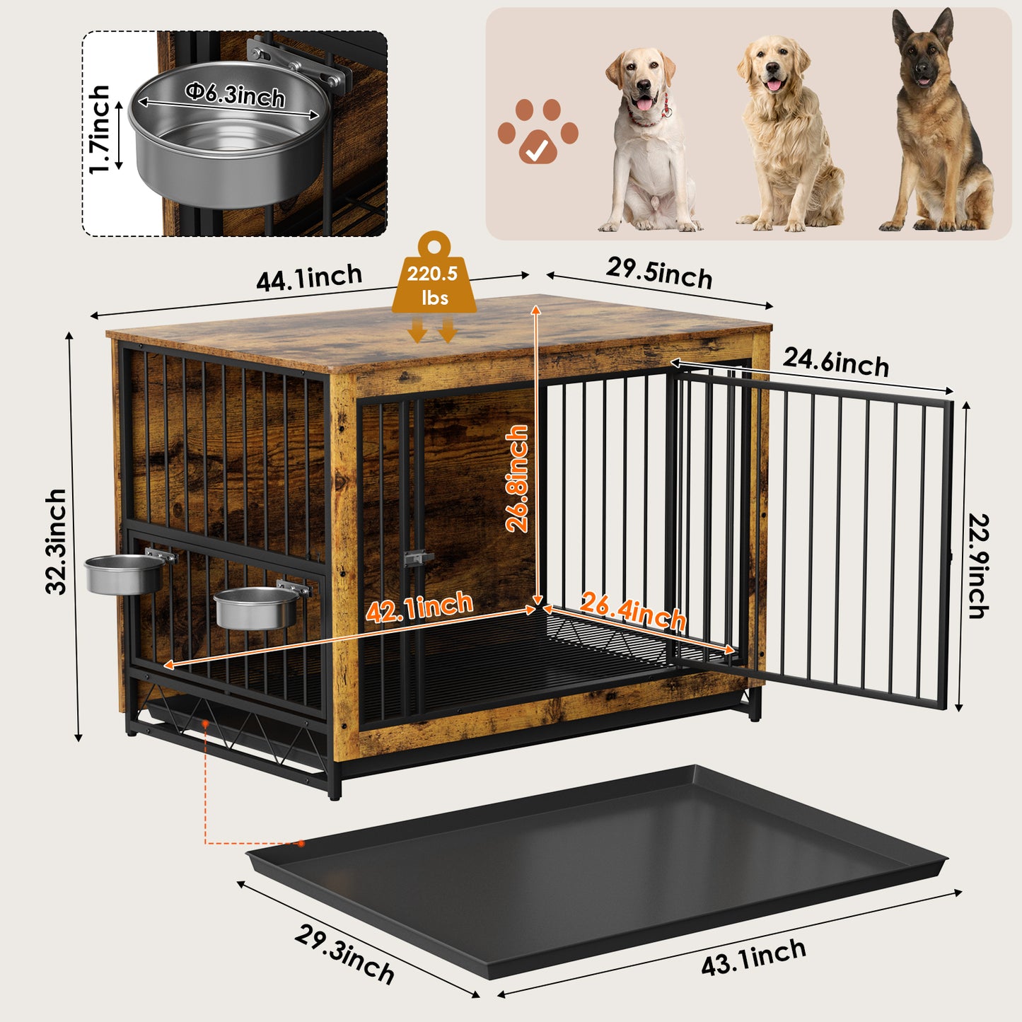 pirecart 39/44 inch Furniture Style Dog Crate with 2 Bowls, Large Wooden End Table Dog House