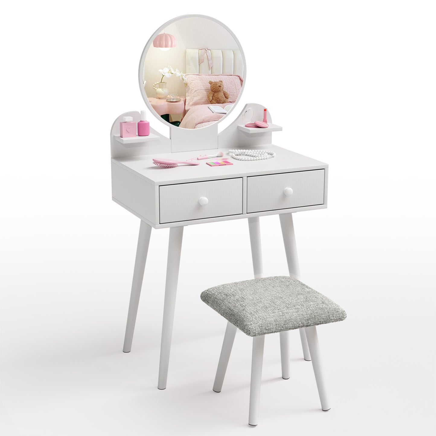 Pirecart Kids Vanity Table and Chair Set, 2 in 1 Wooden Makeup Table and Stool with Storage Drawer & Shelves & Detachable Top, Girls Vanit for Age 3+