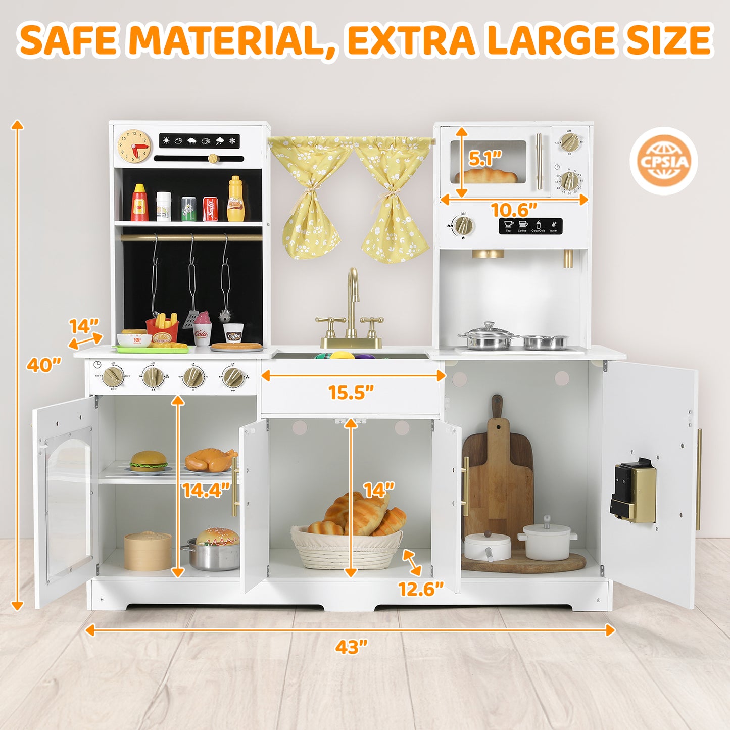 pirecart Kids Play Kitchen, Wooden Pretend Toy Kitchen, Toodler Cooking Playset w/Stove, Sink, Microwave, Water Dispenser, Curtain