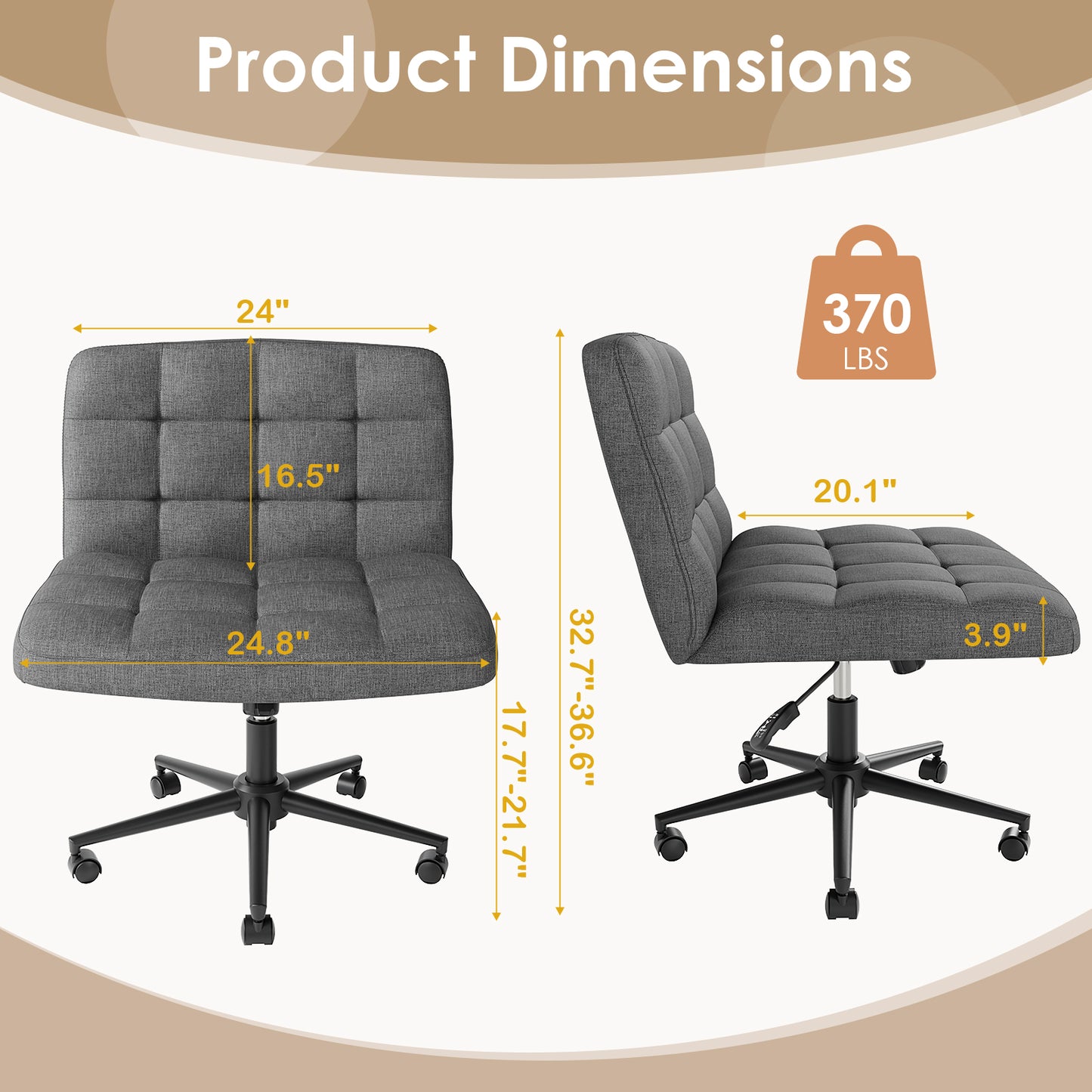 Pirecart Criss Cross Legged Chair, Comfy Swivel Armless Chair with Wheels and Wide Cushion, Height Adjustable Vanity Chair for Bedroom, Office, Desk, Linen